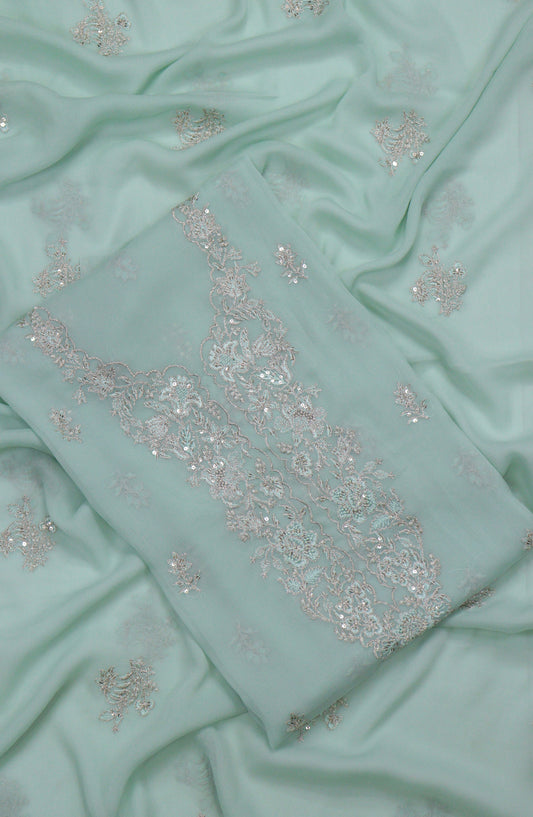 Amna Khadija Embroidered Chiffon Unstitched 3 Piece Suit - Design-20 - AM25LXC - Ferozi - Luxury Collection