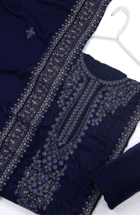 Amna Khadija Embroidered Velvet Unstitched 3 Piece Suit - 5205 - AM25NTV - Blue - Winter Collection