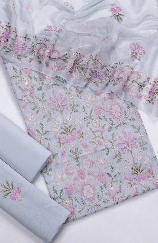 Amna Khadija Embroidered Slub Lawn Unstitched 3 Piece Suit - Design-01 - AM25SLUBL - Blue - Luxury Collection