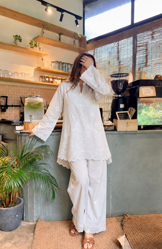 Amna Khadija White Luxe Embroidered Cotton Stitched 2 Piece Co-ord Set - AKWL-06 - AM26WLX - White - Summer Collection