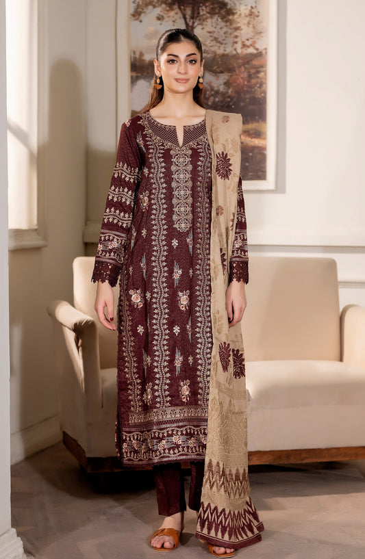 Aneeza by Johra Fancy Embroidered Peach Leather Unstitched 3 Piece Suit - JW-442 - JH25ANZA - Maroon - Winter Collection