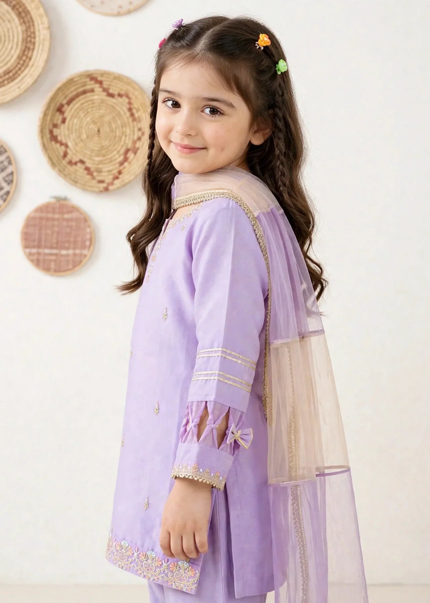 3 Piece Purple Chiffon Embroidered Gharara