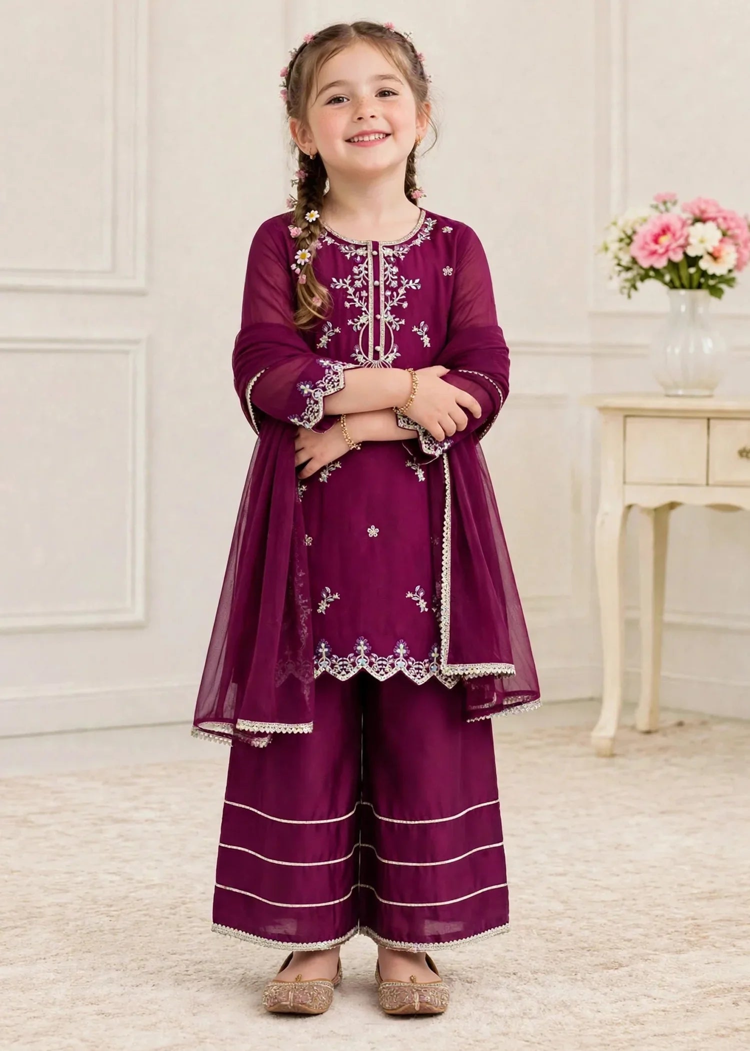 3 Piece Purple Chiffon Embroidered Outfit