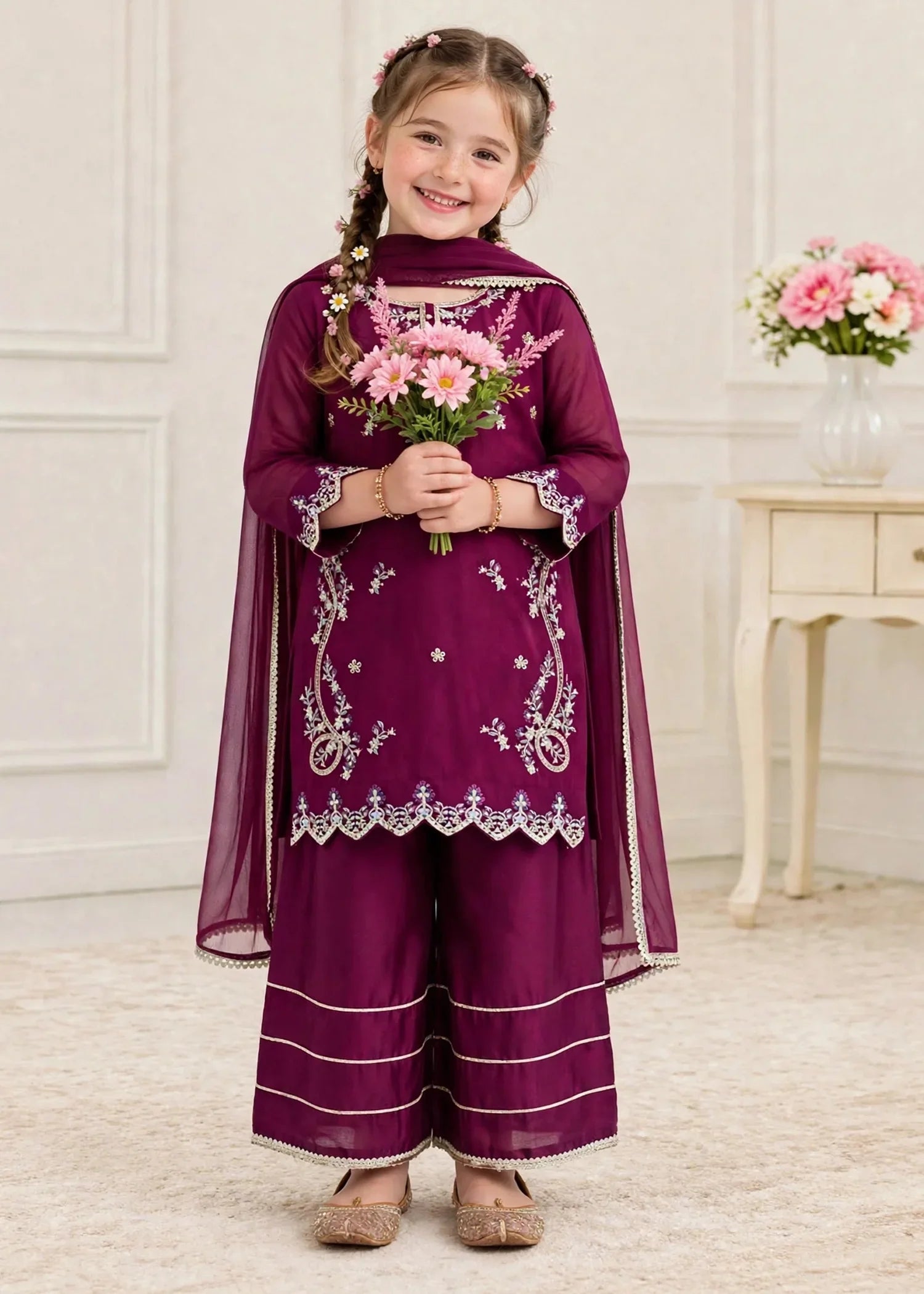 3 Piece Purple Chiffon Embroidered Outfit
