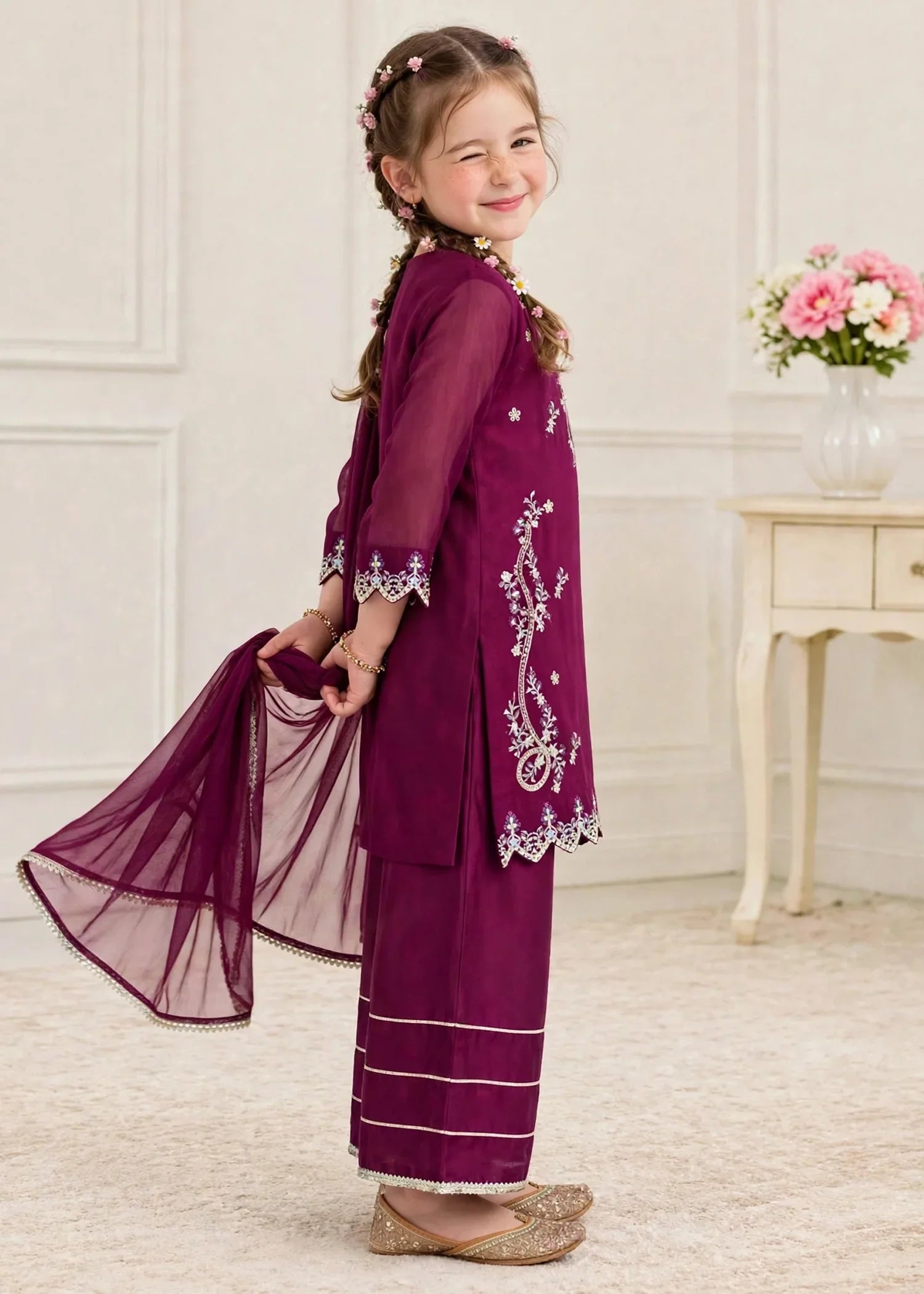 3 Piece Purple Chiffon Embroidered Outfit