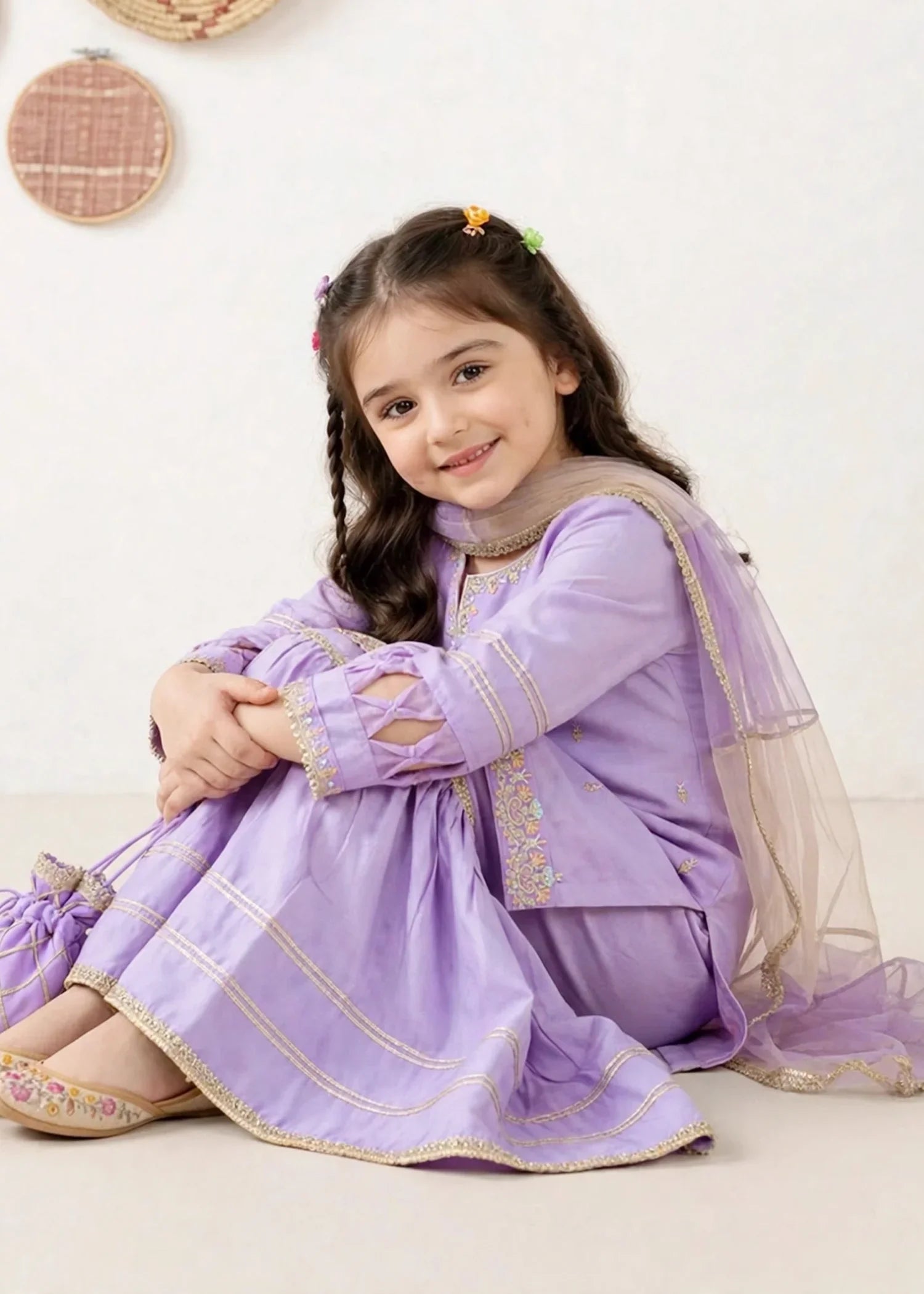 3 Piece Purple Chiffon Embroidered Gharara