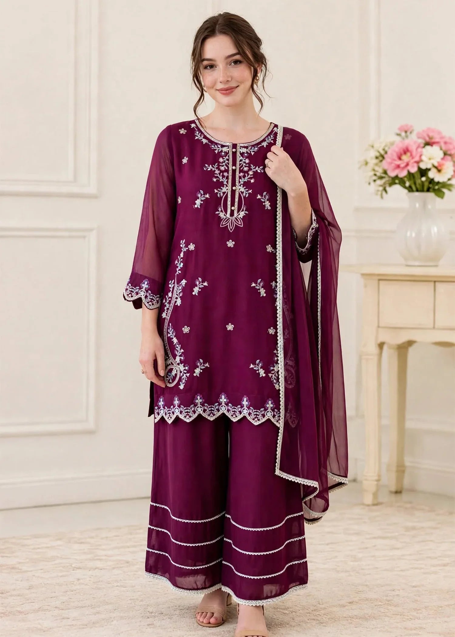 Women 3 Piece Purple Chiffon Outfit