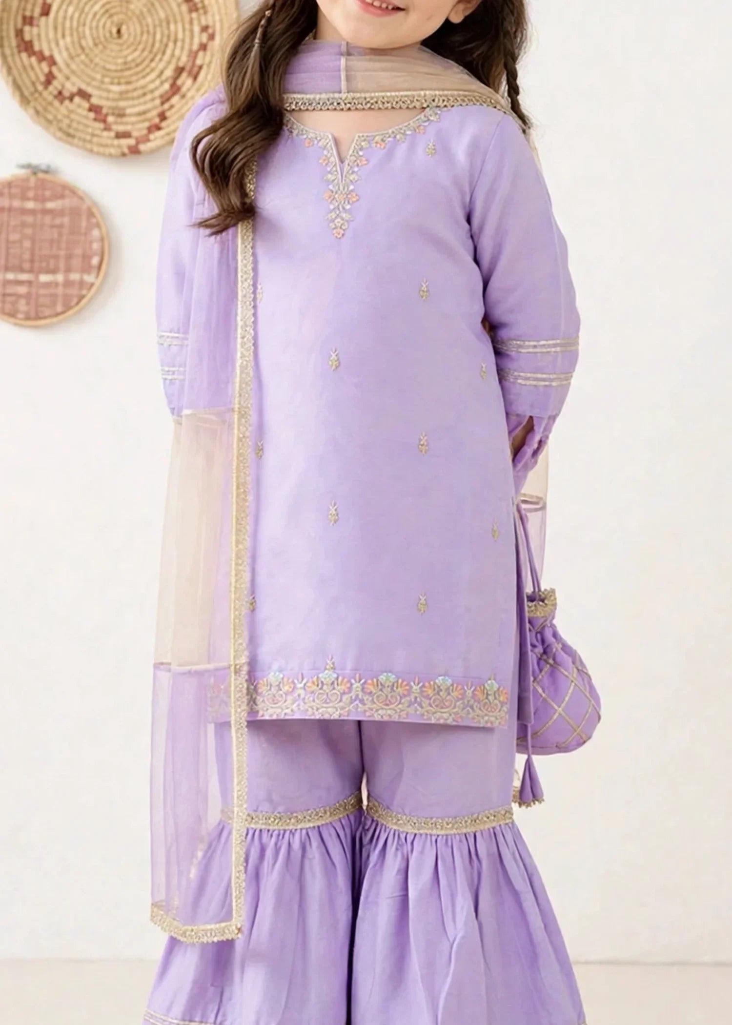 3 Piece Purple Chiffon Embroidered Gharara