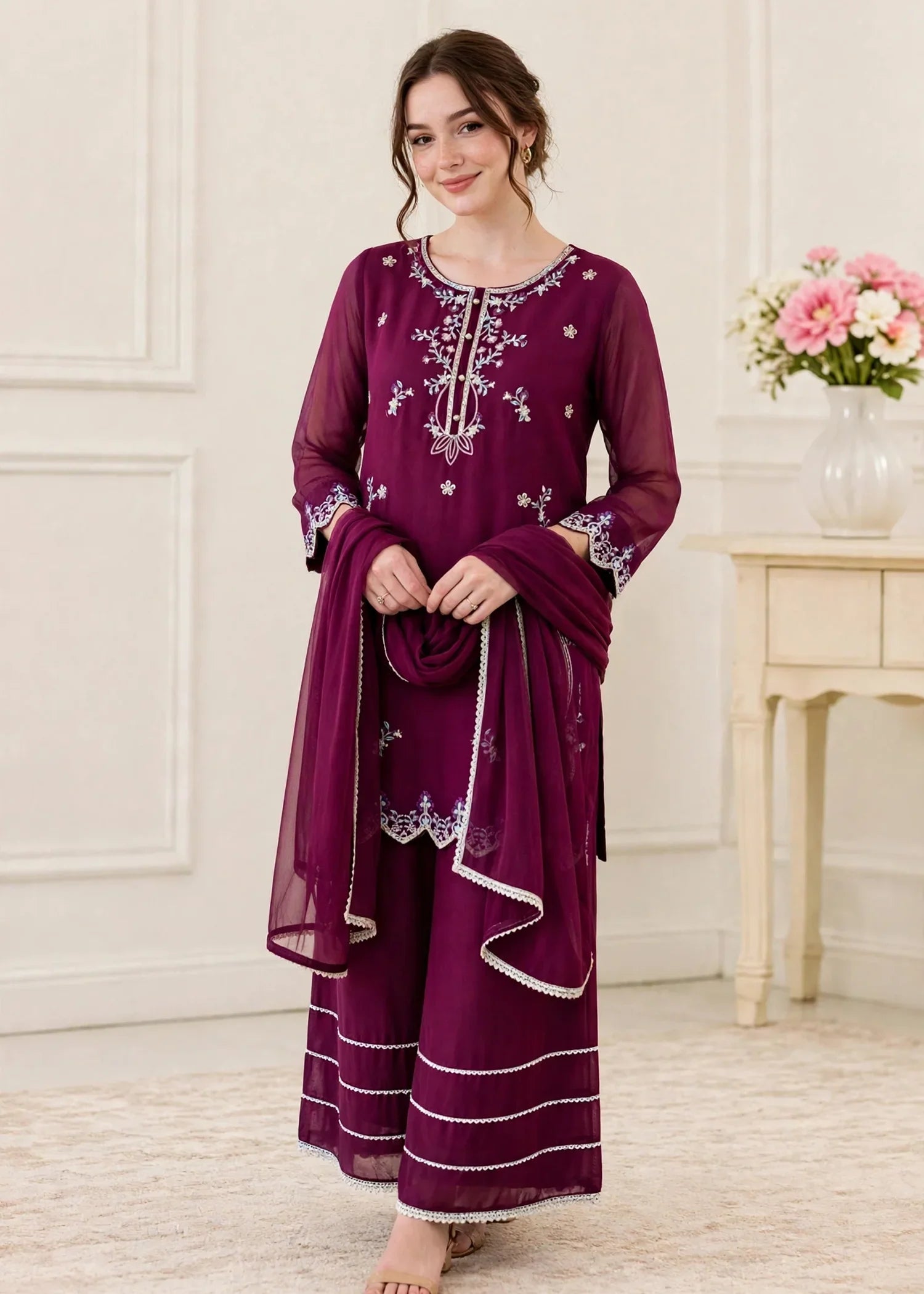 Women 3 Piece Purple Chiffon Outfit
