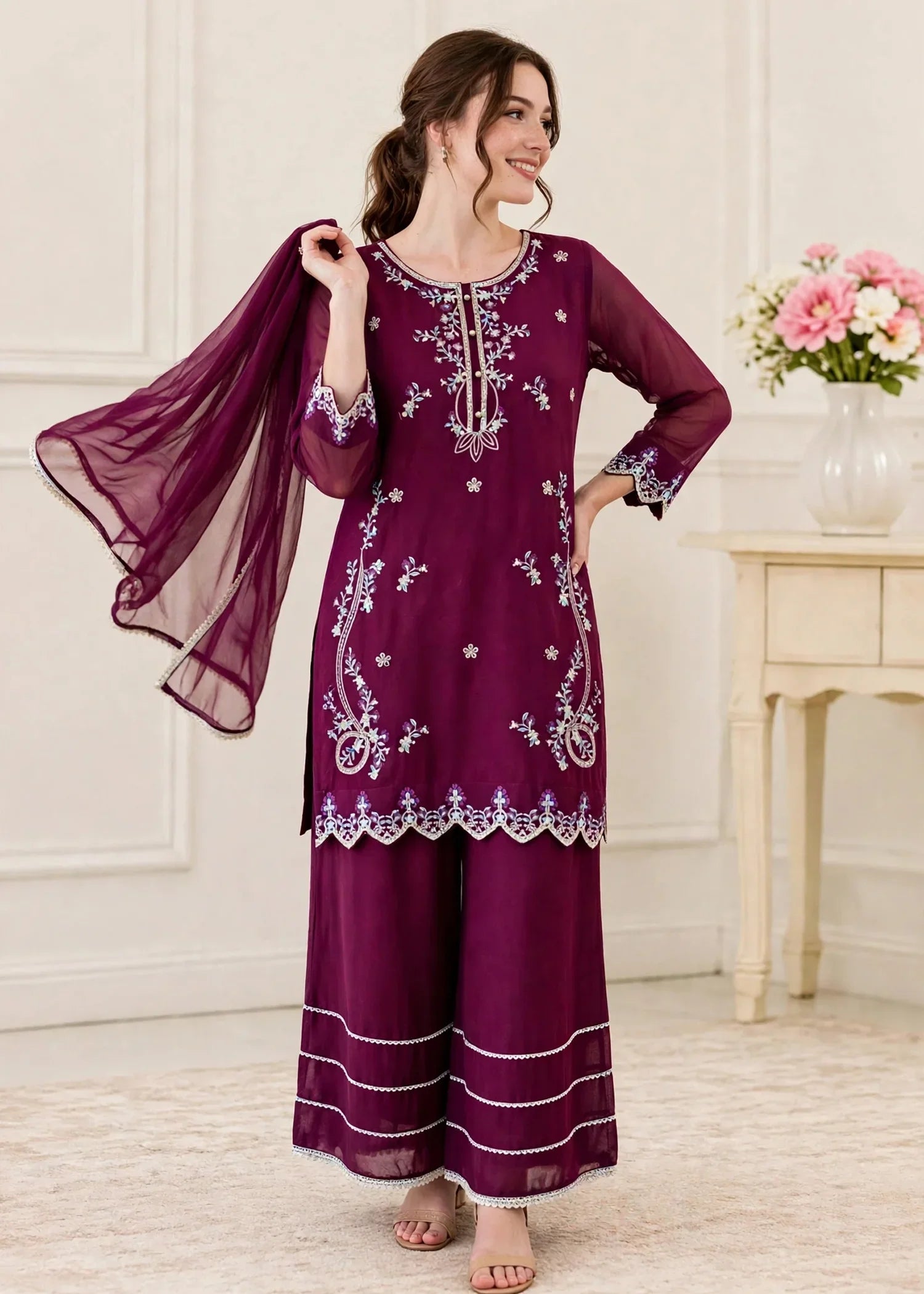 Women 3 Piece Purple Chiffon Outfit