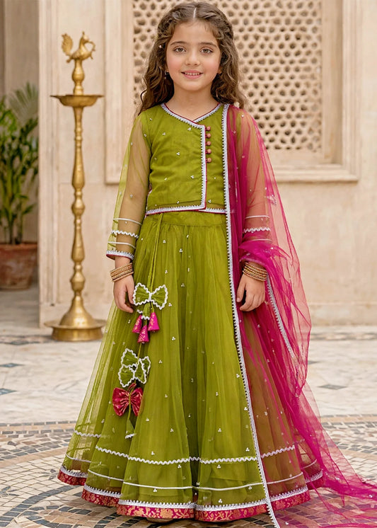 Girls 3 Piece Green Net Lehenga