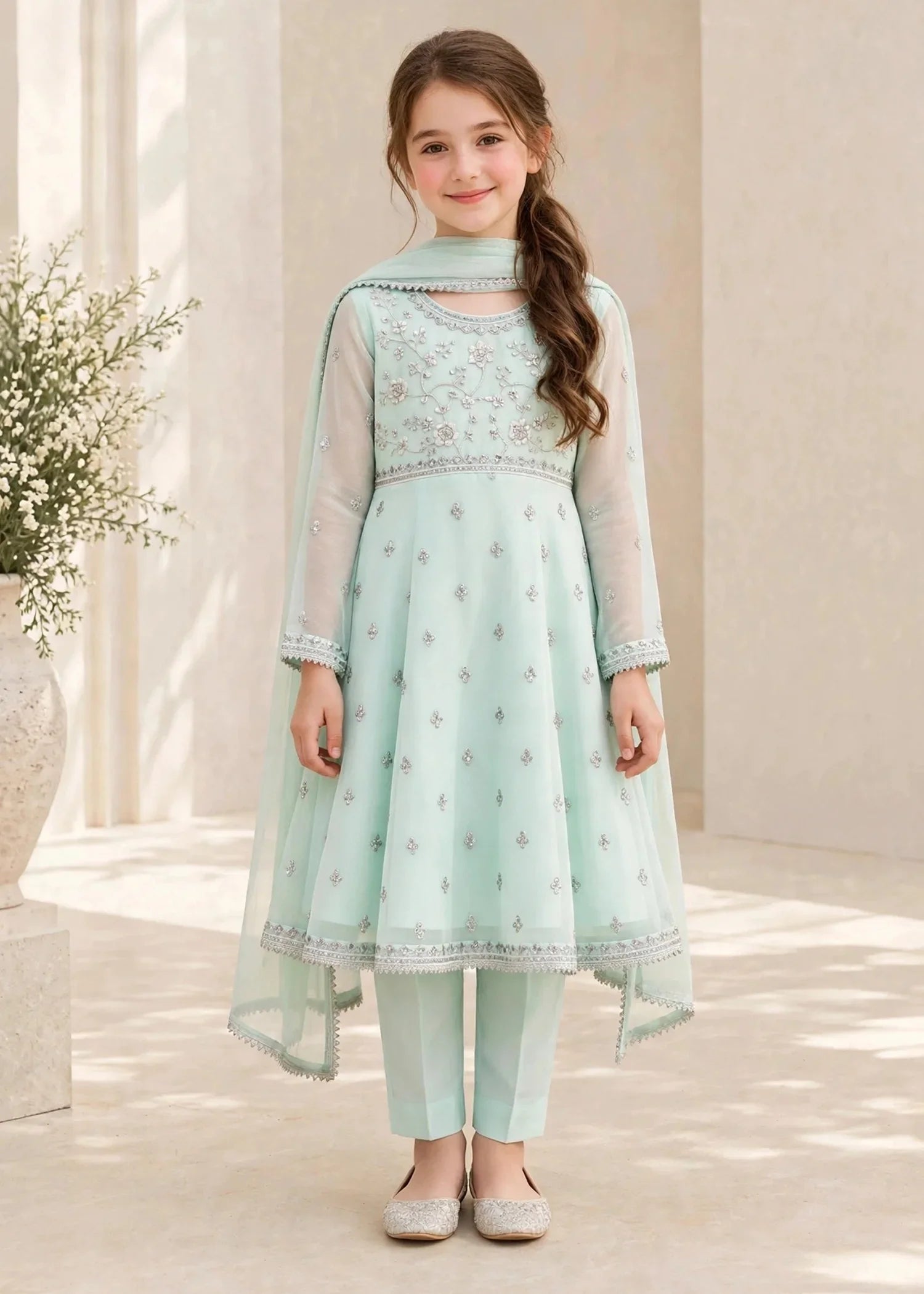 3 Piece Chiffon Blue Embroidered Frock