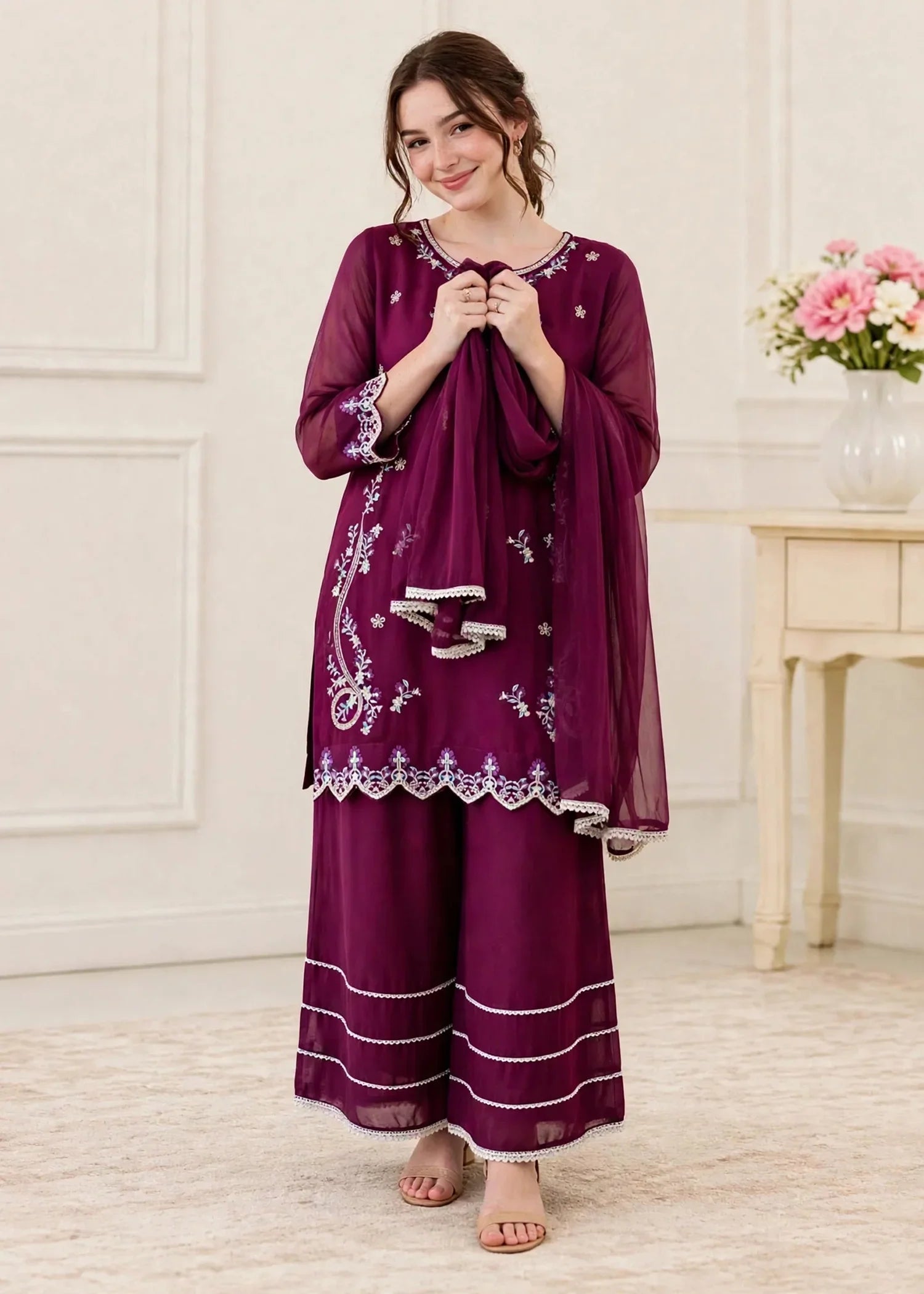 Women 3 Piece Purple Chiffon Outfit