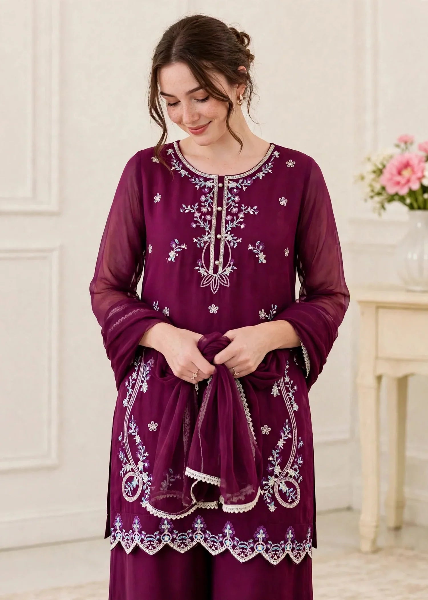 Women 3 Piece Purple Chiffon Outfit