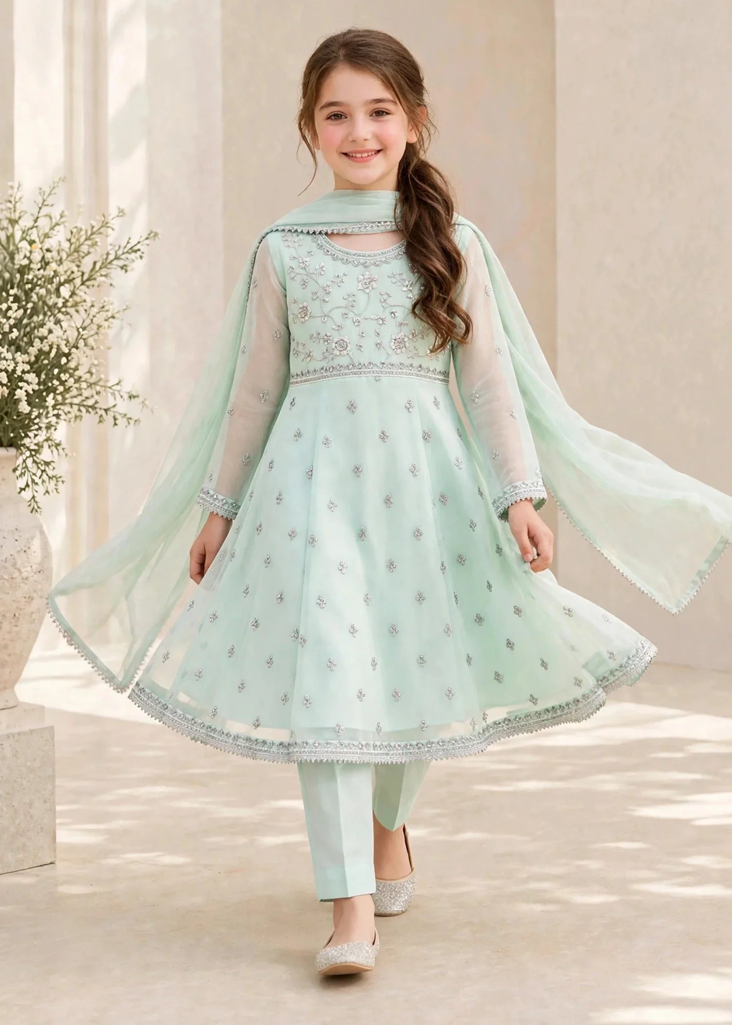 3 Piece Chiffon Blue Embroidered Frock