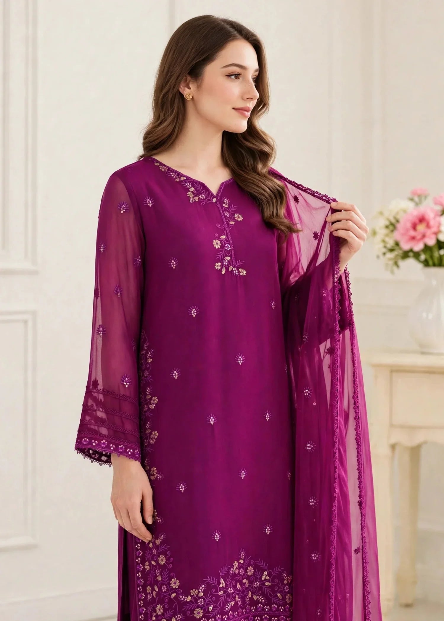 Women 3 Piece Purple Chiffon Formal Suit