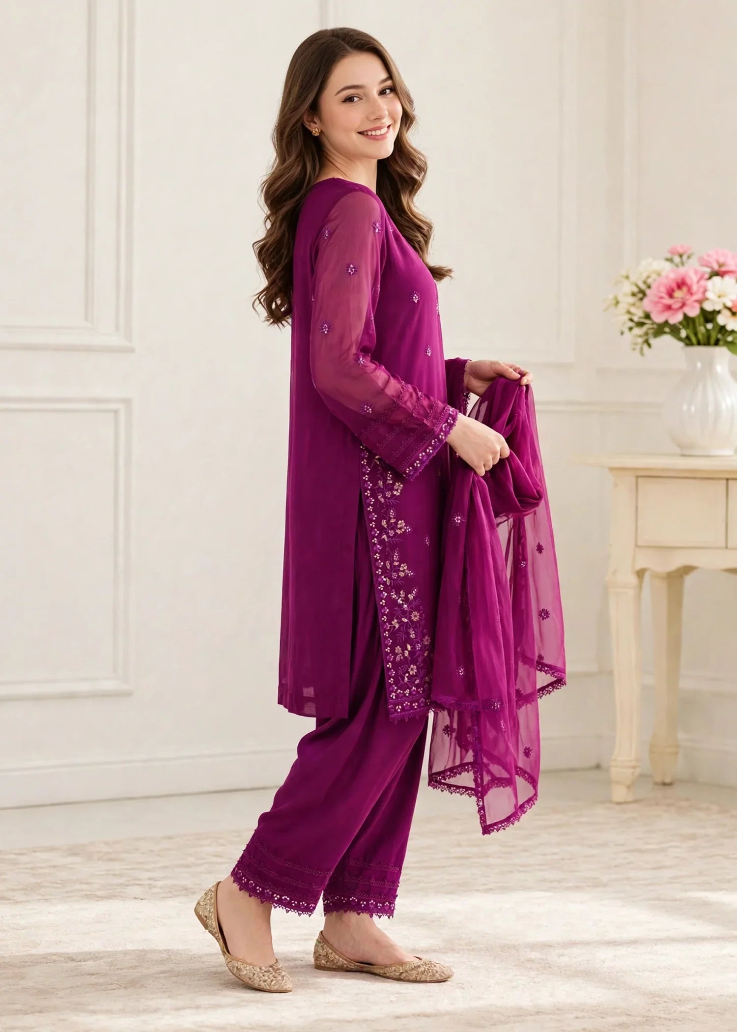 Women 3 Piece Purple Chiffon Formal Suit