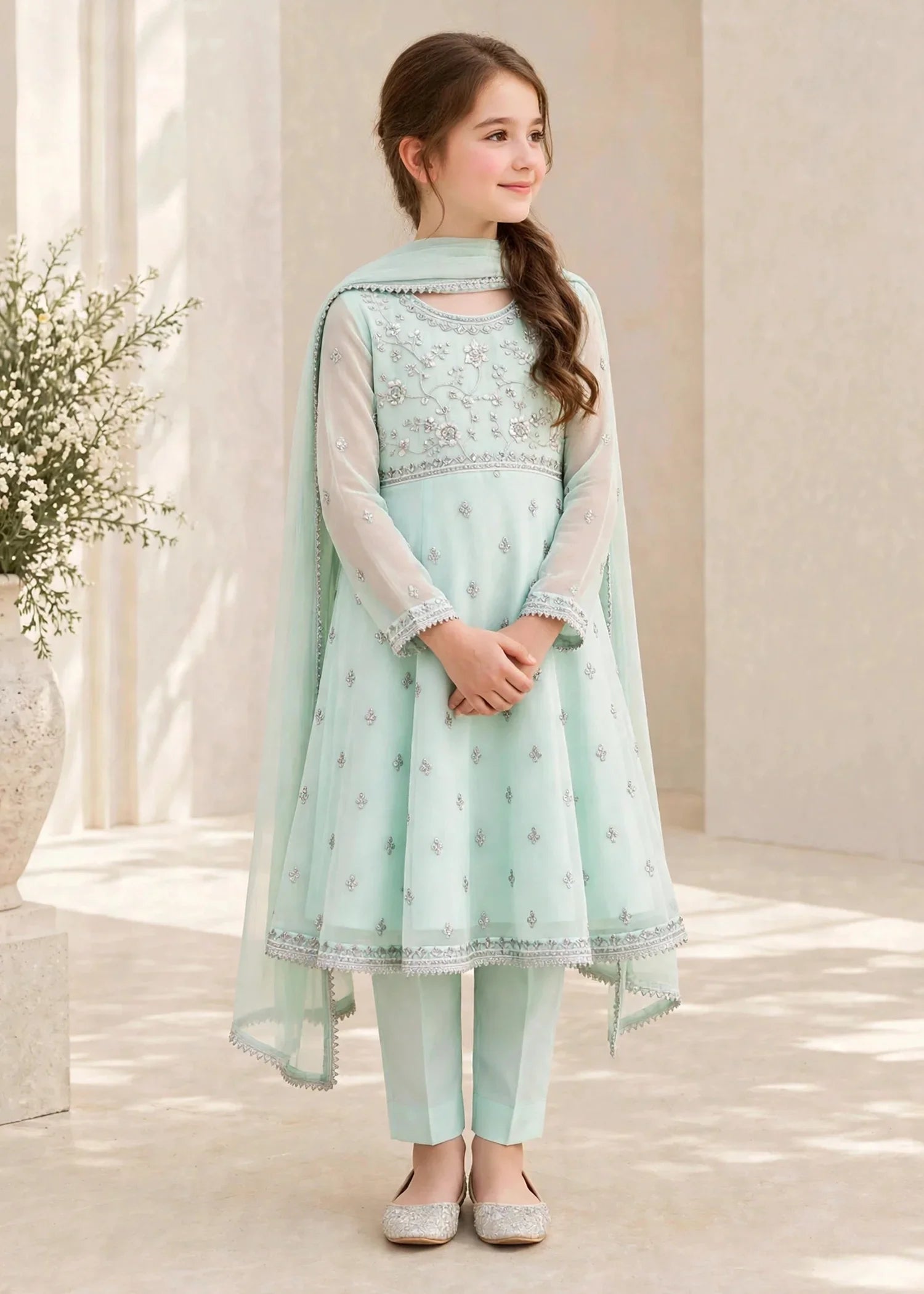 3 Piece Chiffon Blue Embroidered Frock