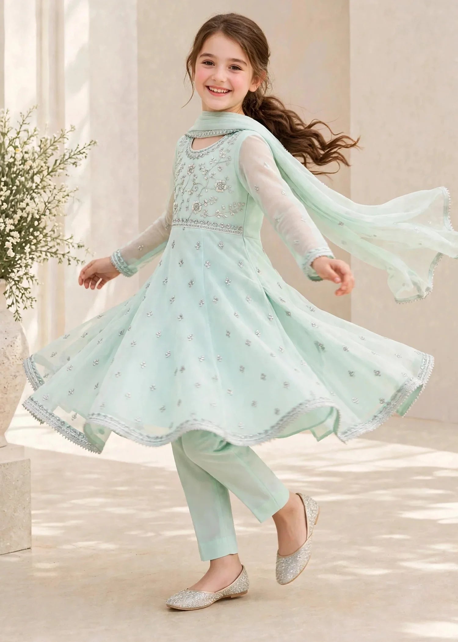 3 Piece Chiffon Blue Embroidered Frock