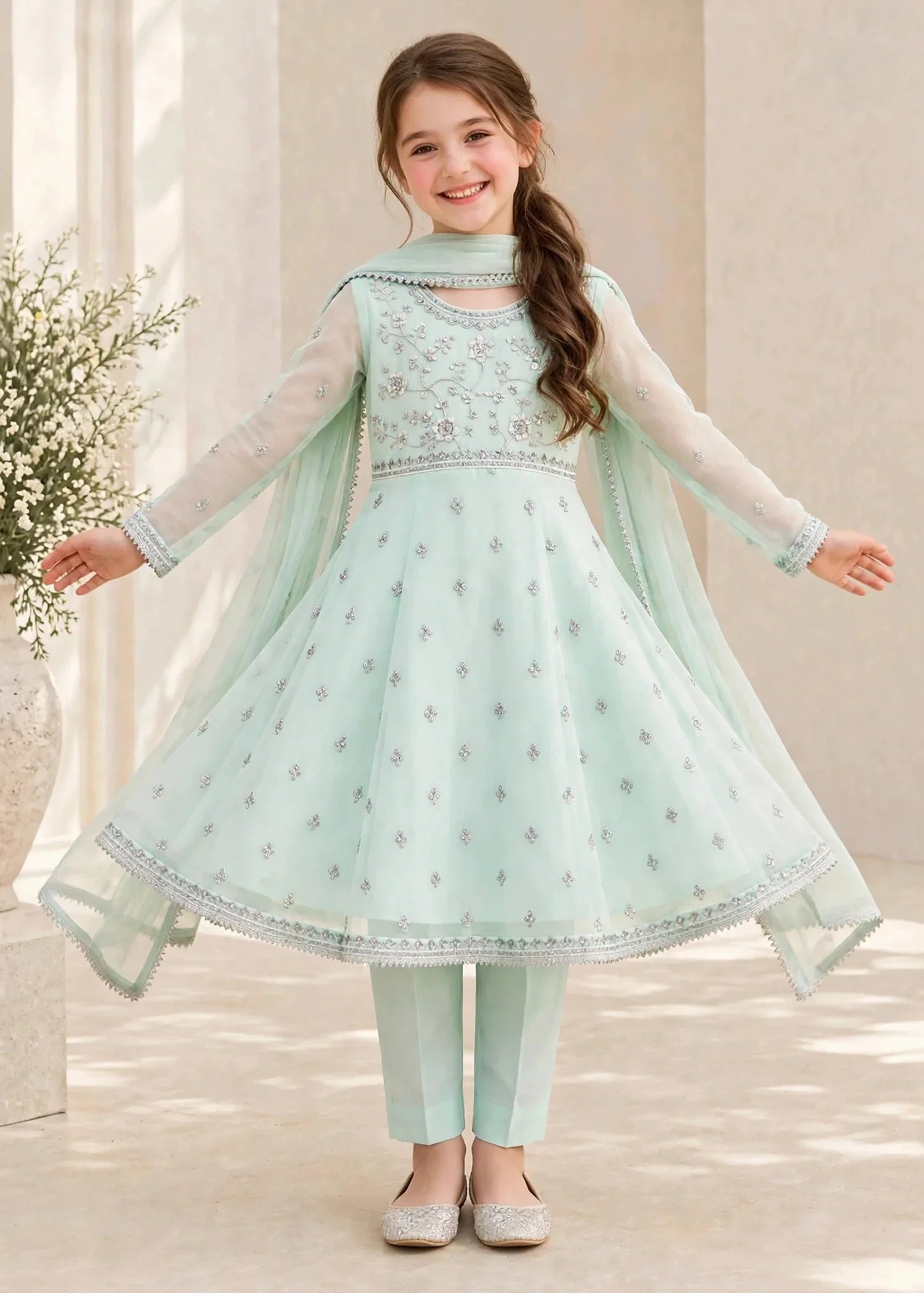 3 Piece Chiffon Blue Embroidered Frock