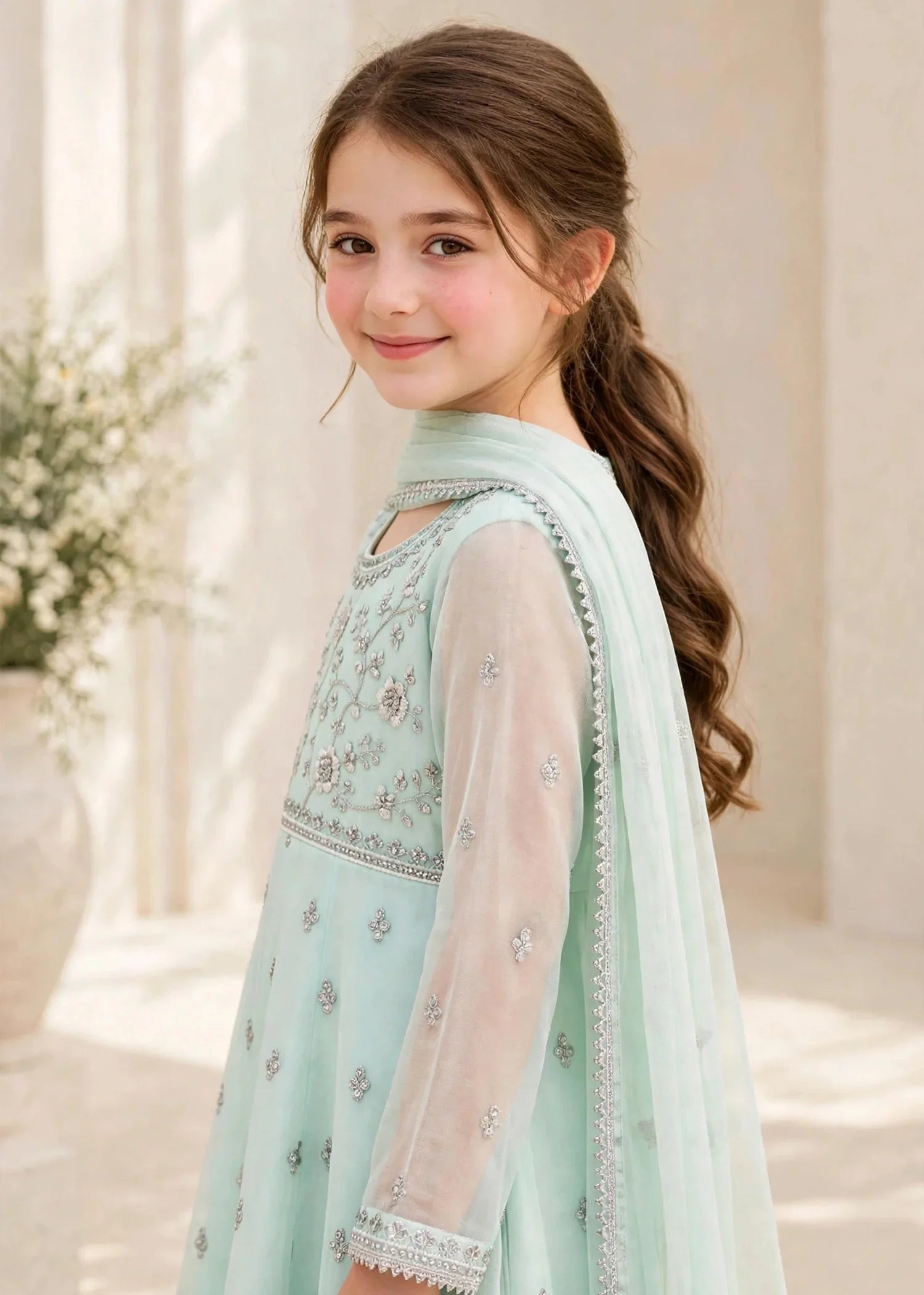 3 Piece Chiffon Blue Embroidered Frock