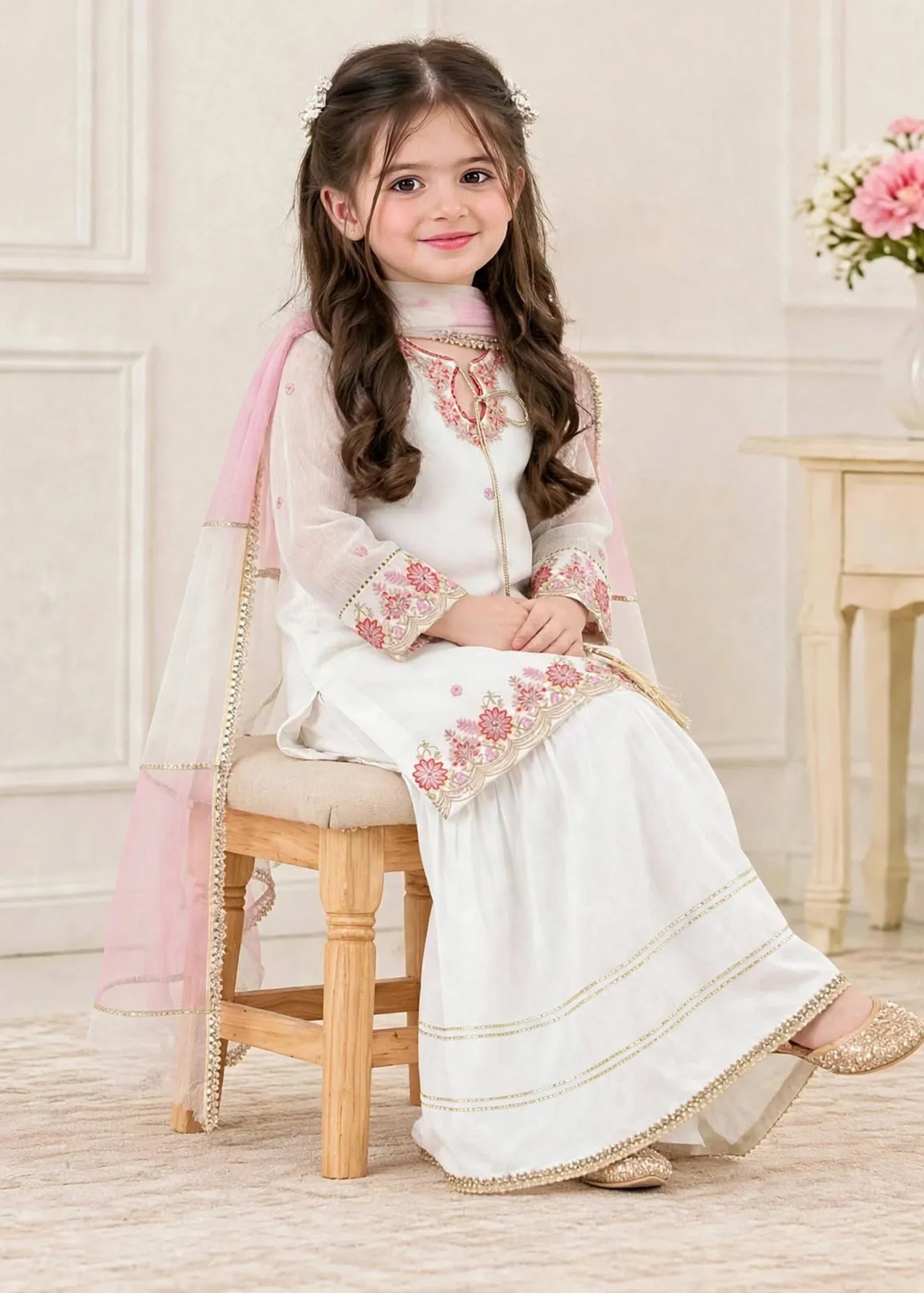 3 Piece White Chiffon Embroidered Outfit
