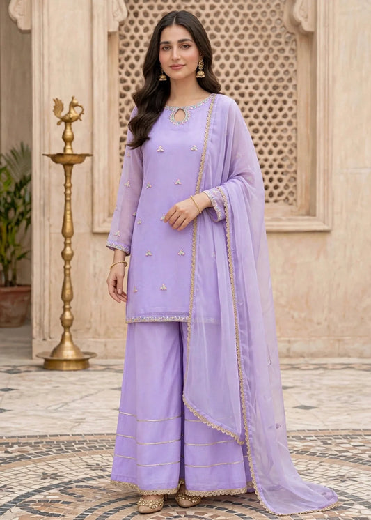 Women 3 Piece Lavender Chiffon Gharara