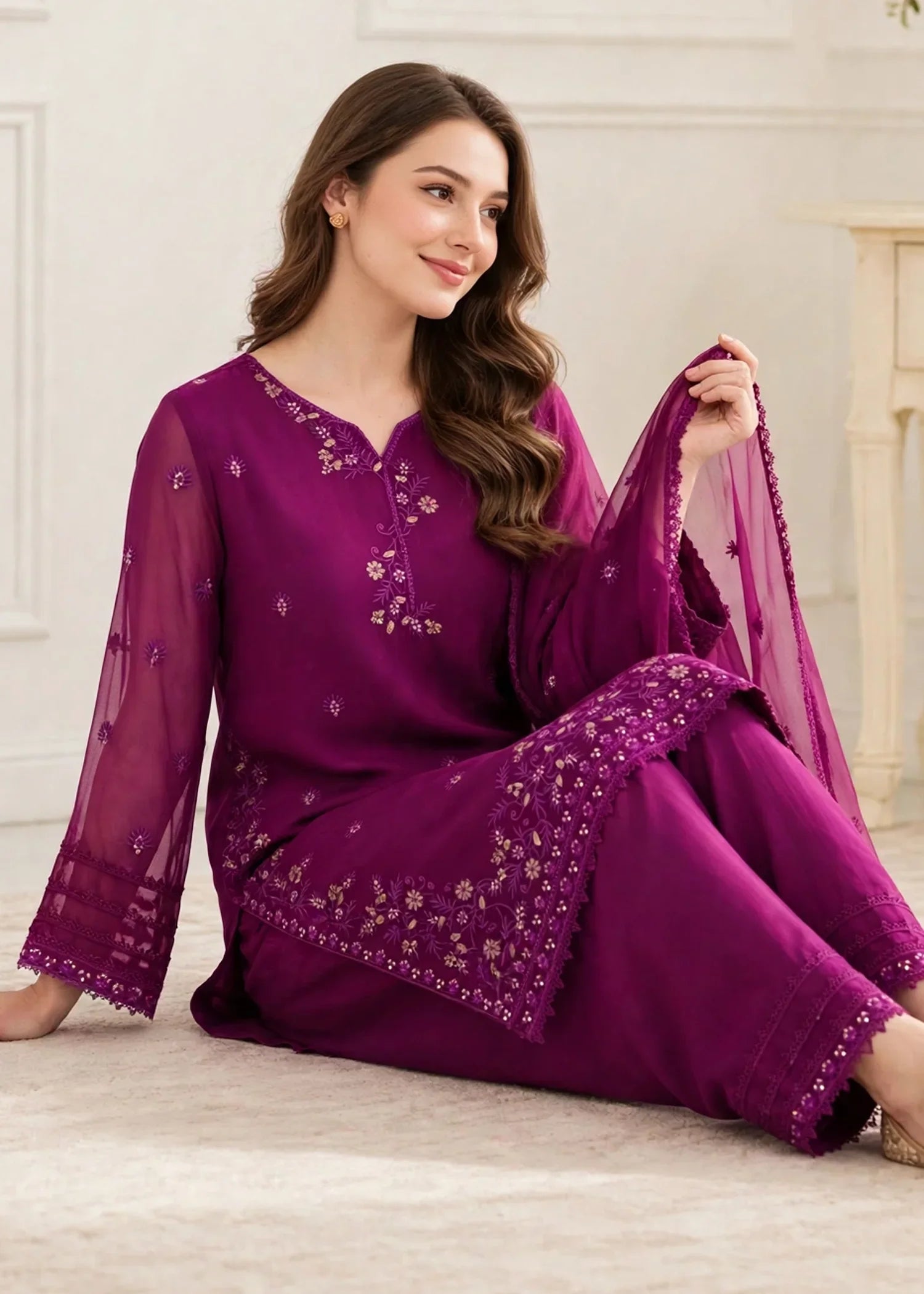 Women 3 Piece Purple Chiffon Formal Suit