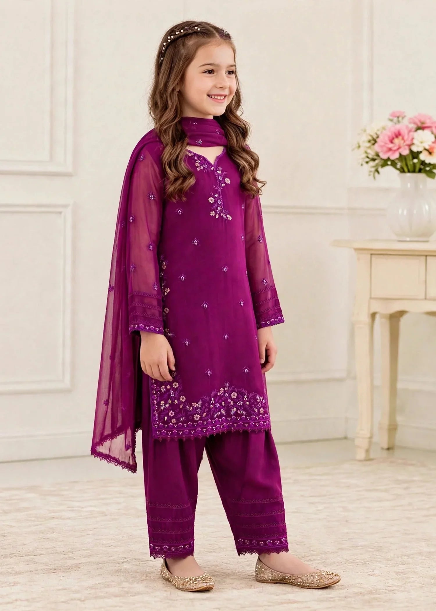 3 Piece Chiffon Embroidered Purple Suit