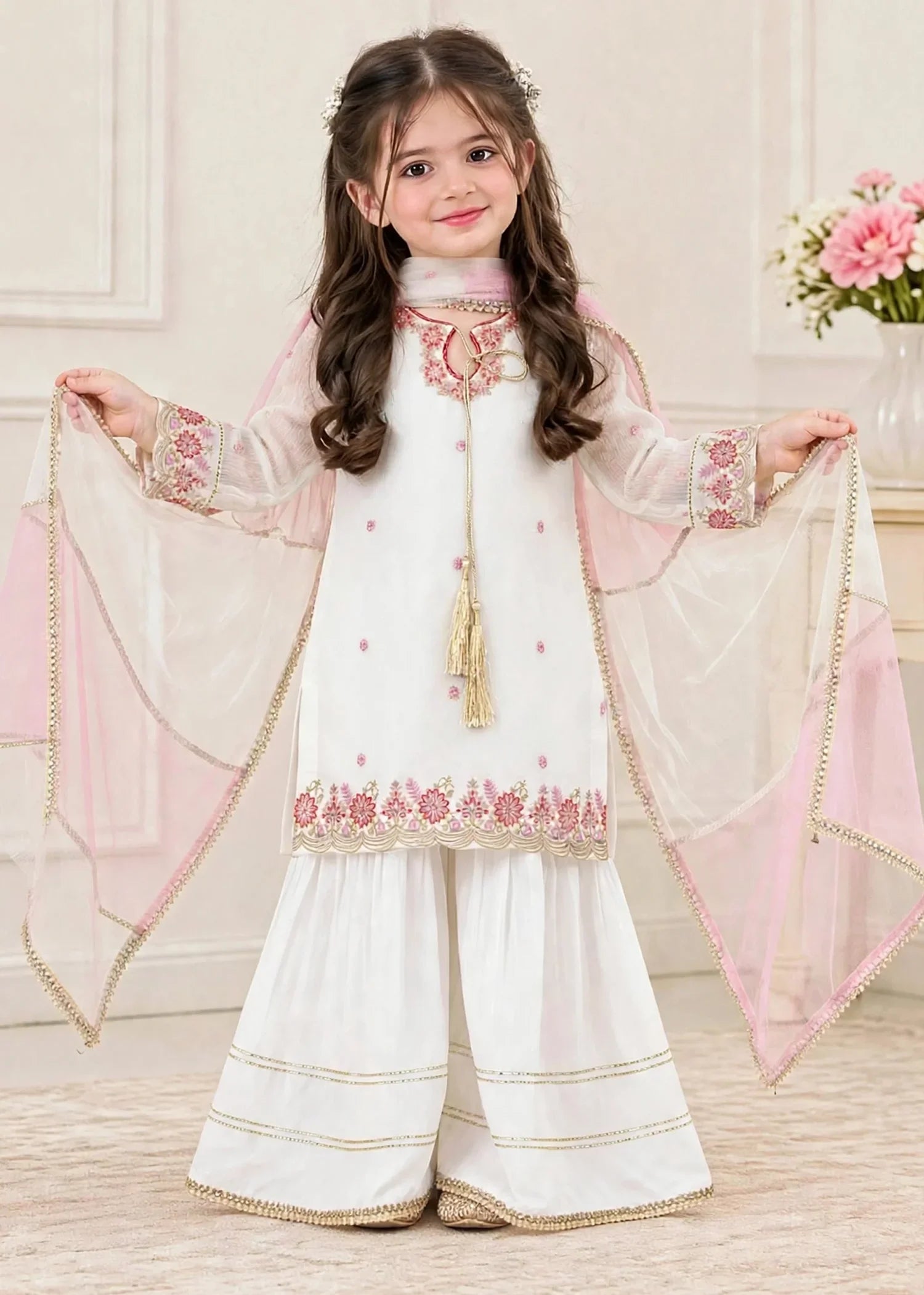 3 Piece White Chiffon Embroidered Outfit