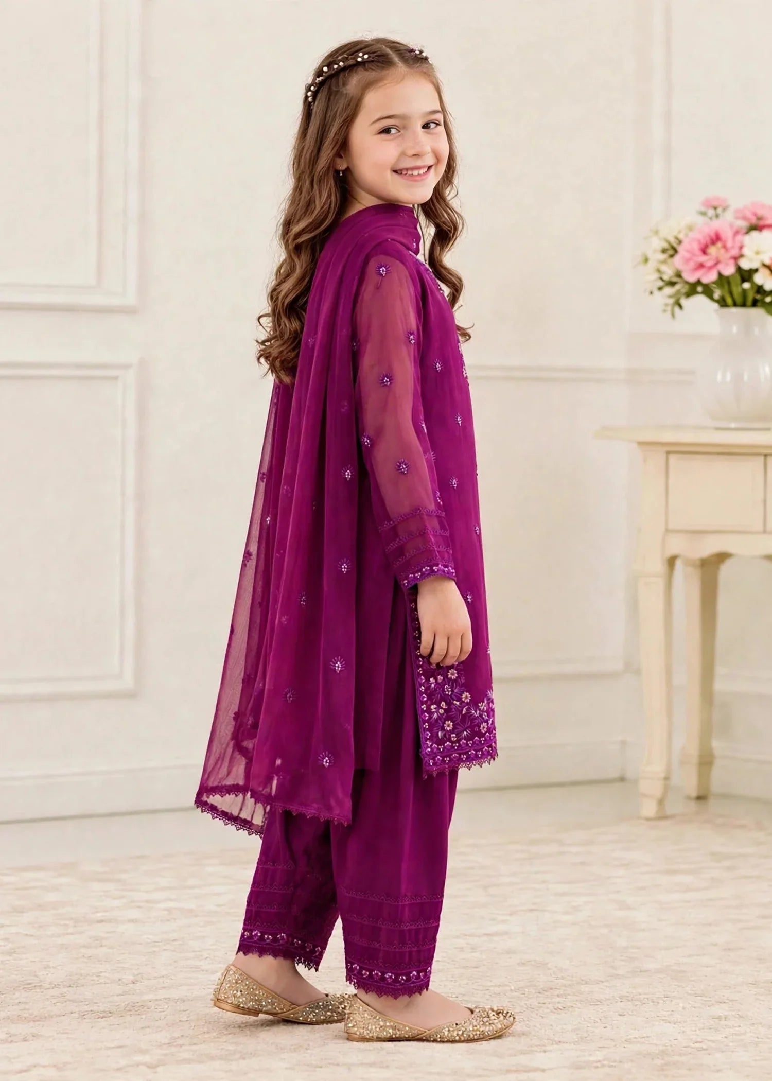 3 Piece Chiffon Embroidered Purple Suit