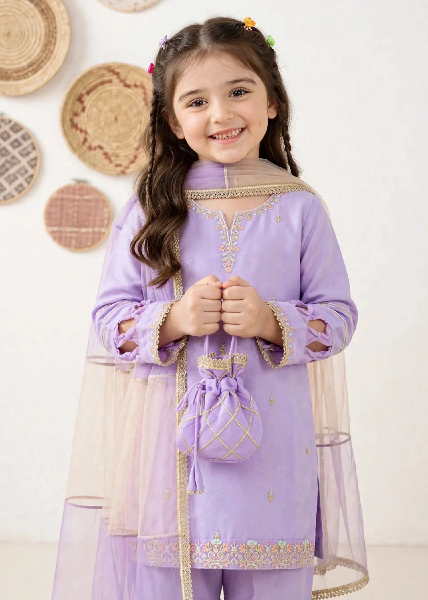 3 Piece Purple Chiffon Embroidered Gharara