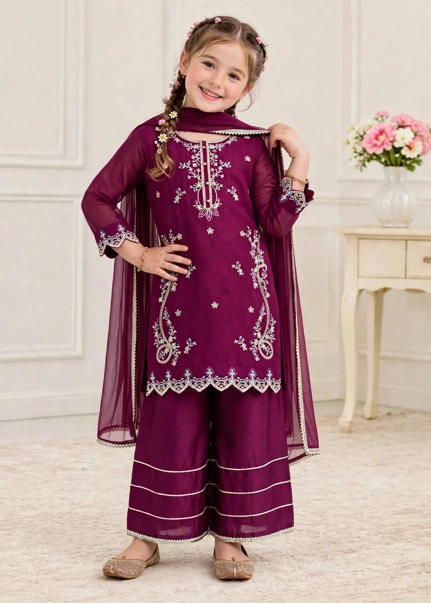 3 Piece Purple Chiffon Embroidered Outfit