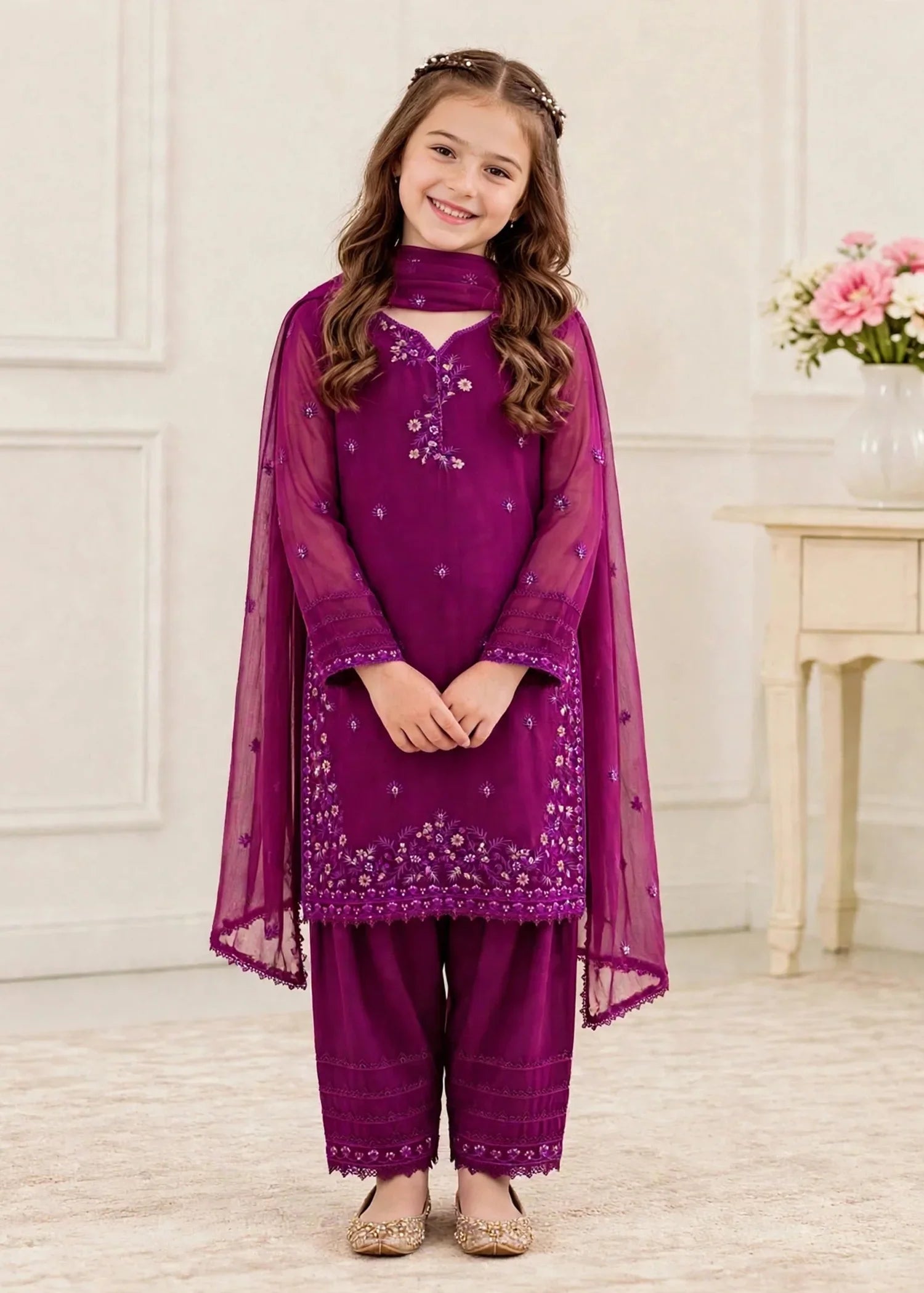 3 Piece Chiffon Embroidered Purple Suit