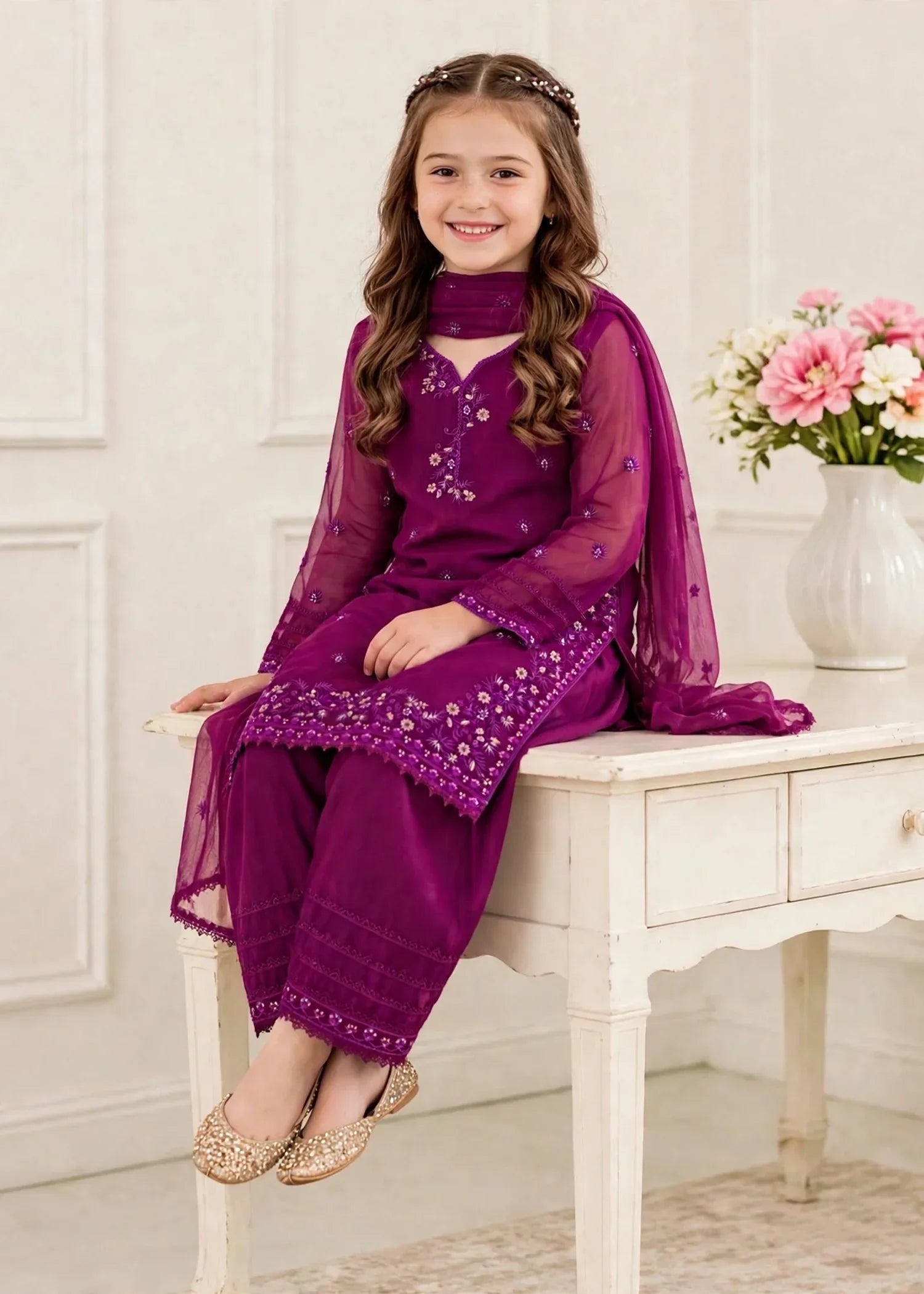 3 Piece Chiffon Embroidered Purple Suit