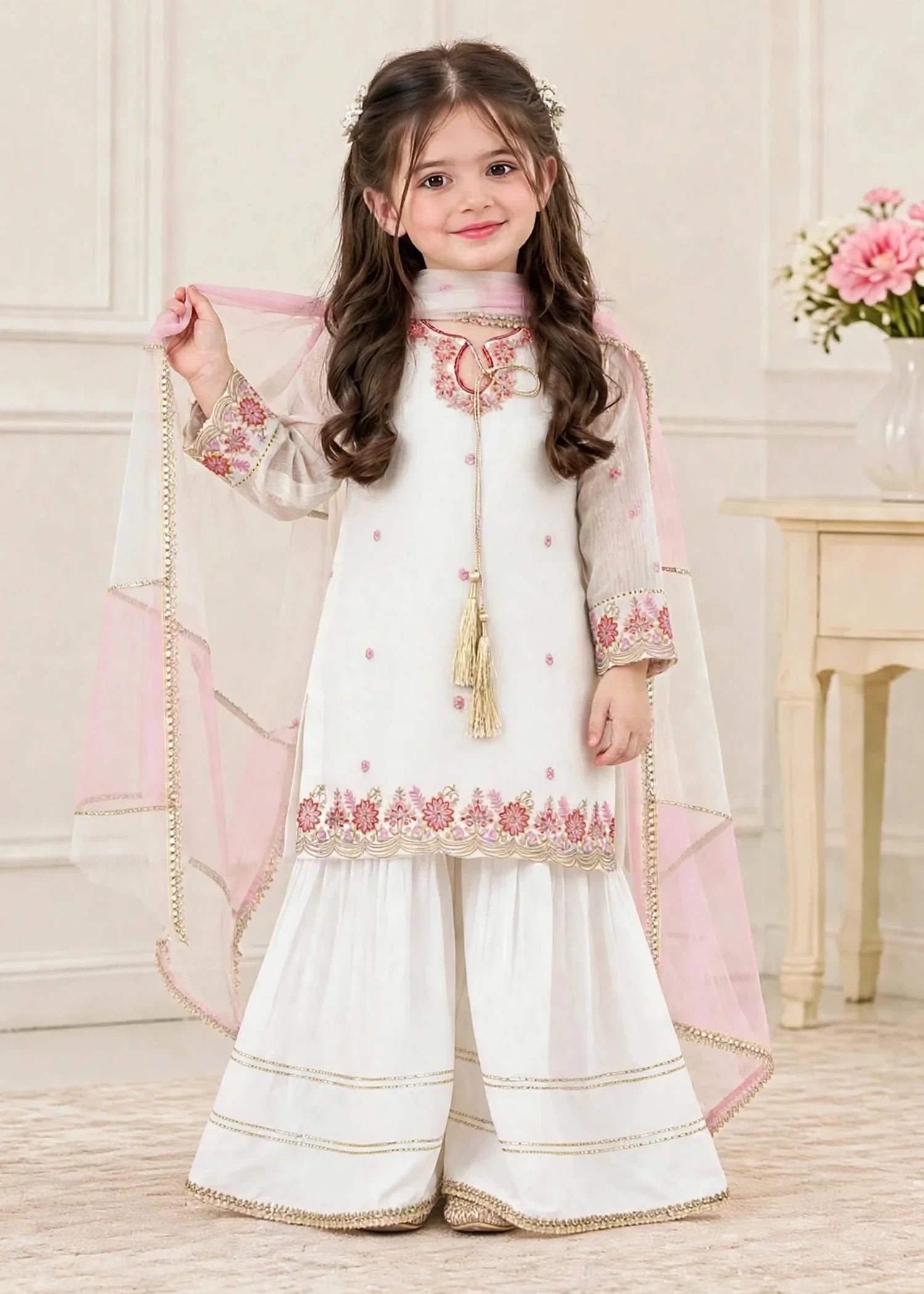 3 Piece White Chiffon Embroidered Outfit