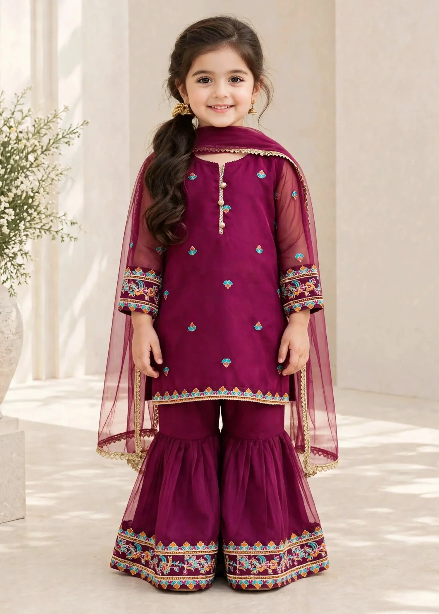 3 Piece Purple Organza Embroidered Gharara