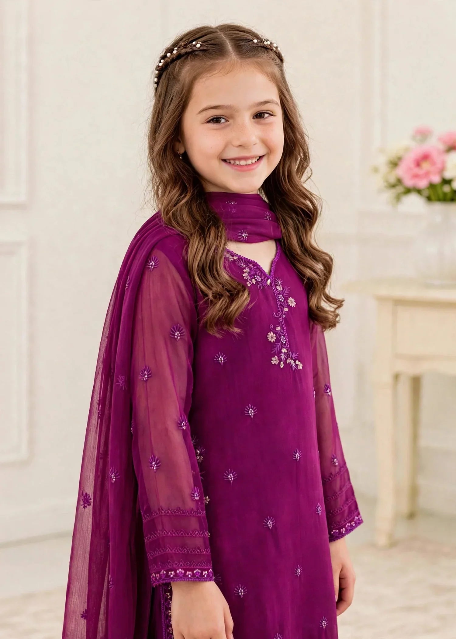 3 Piece Chiffon Embroidered Purple Suit
