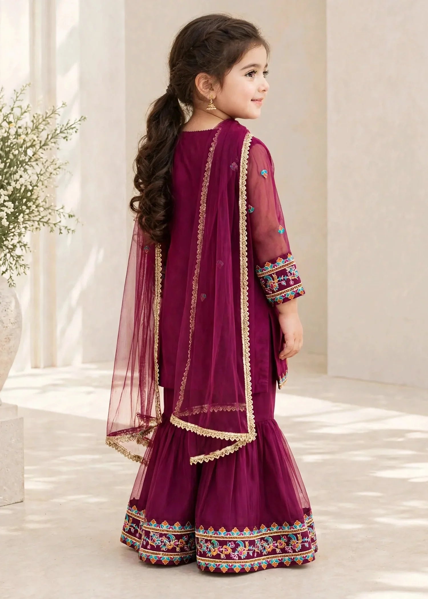 3 Piece Purple Organza Embroidered Gharara