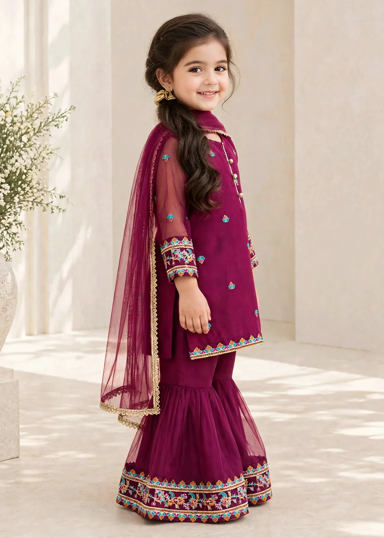 3 Piece Purple Organza Embroidered Gharara