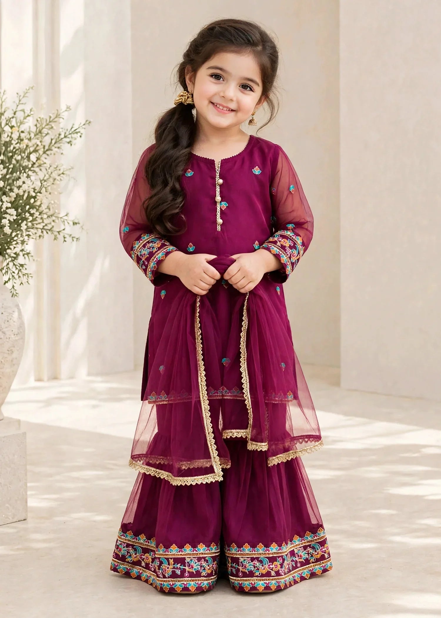 3 Piece Purple Organza Embroidered Gharara