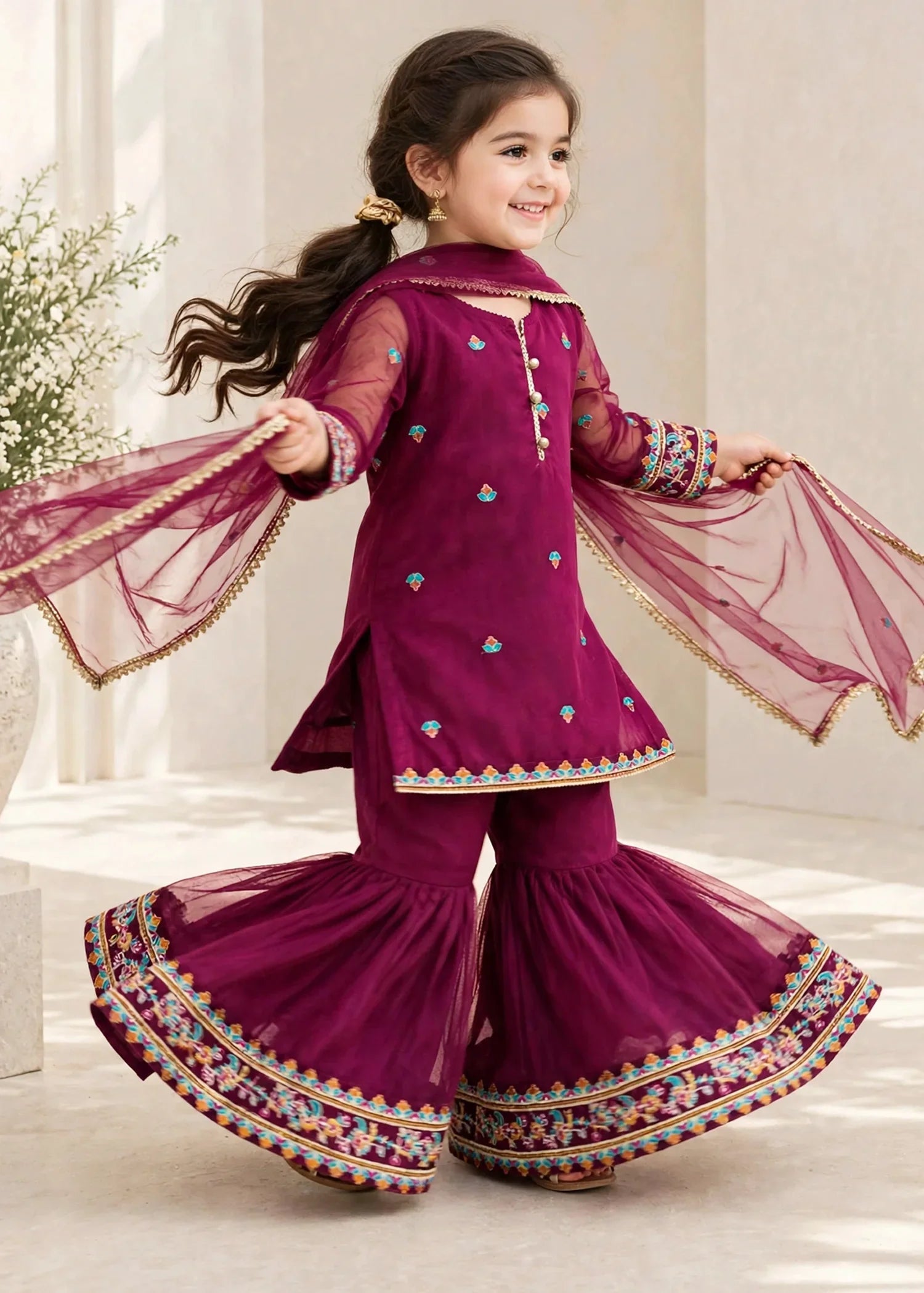 3 Piece Purple Organza Embroidered Gharara