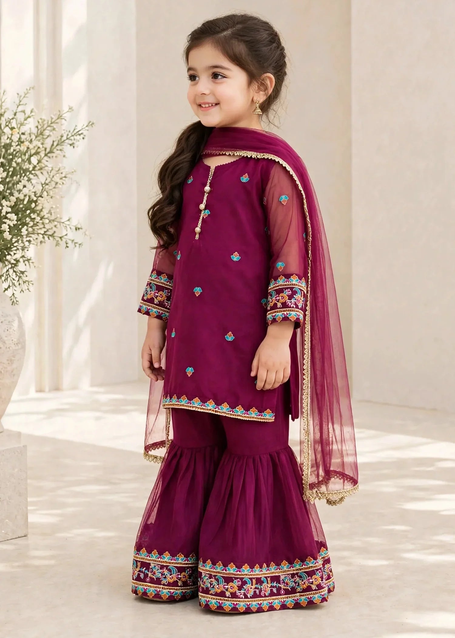 3 Piece Purple Organza Embroidered Gharara