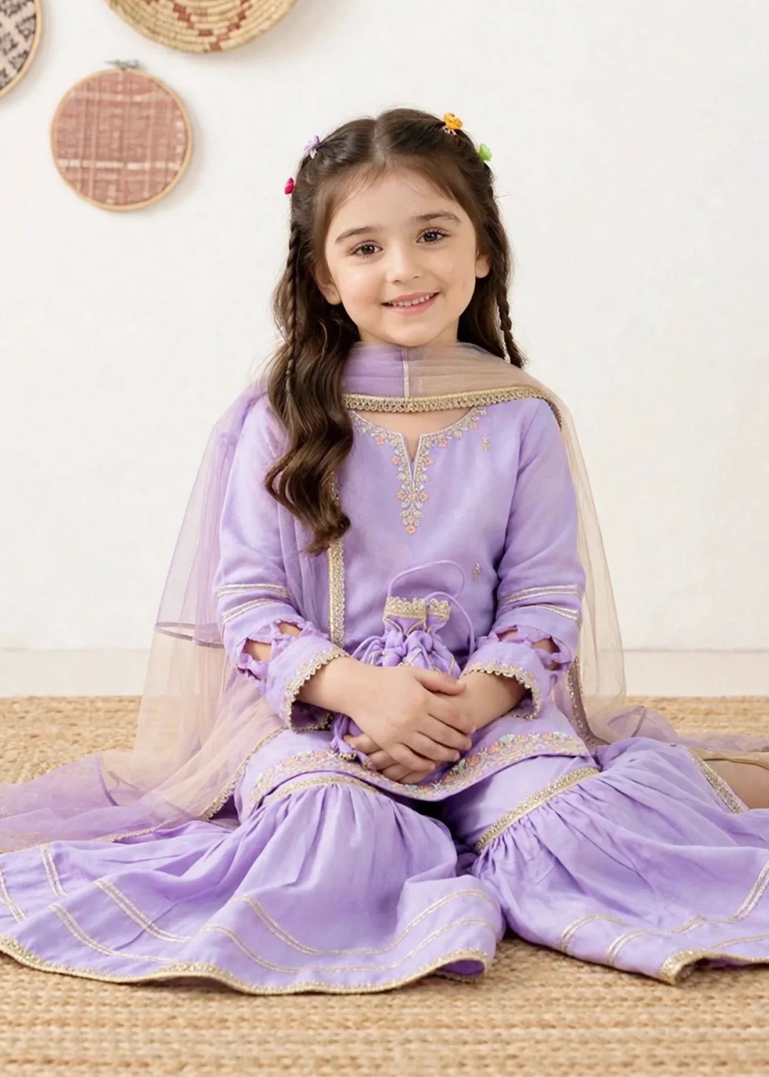 3 Piece Purple Chiffon Embroidered Gharara
