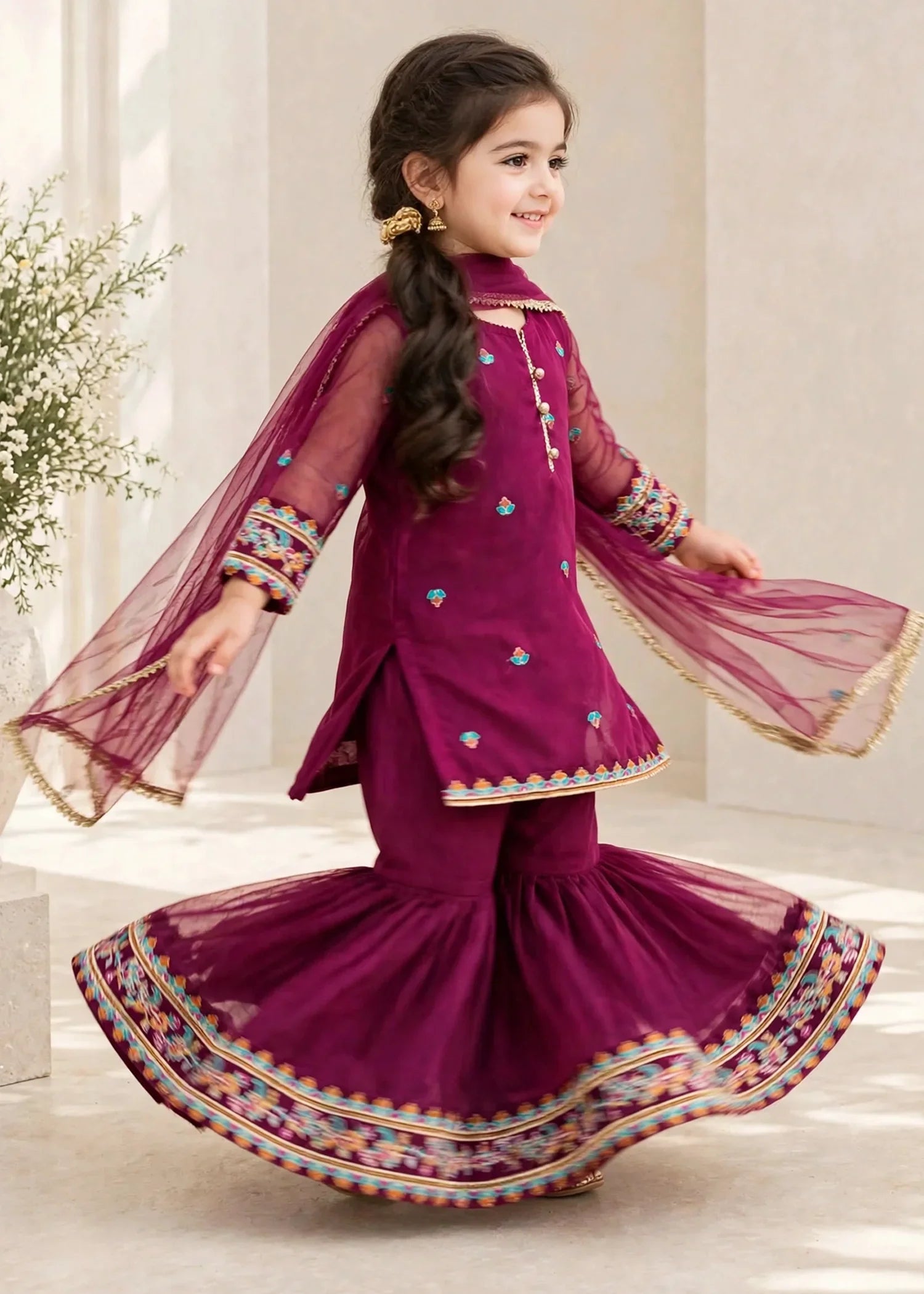 3 Piece Purple Organza Embroidered Gharara