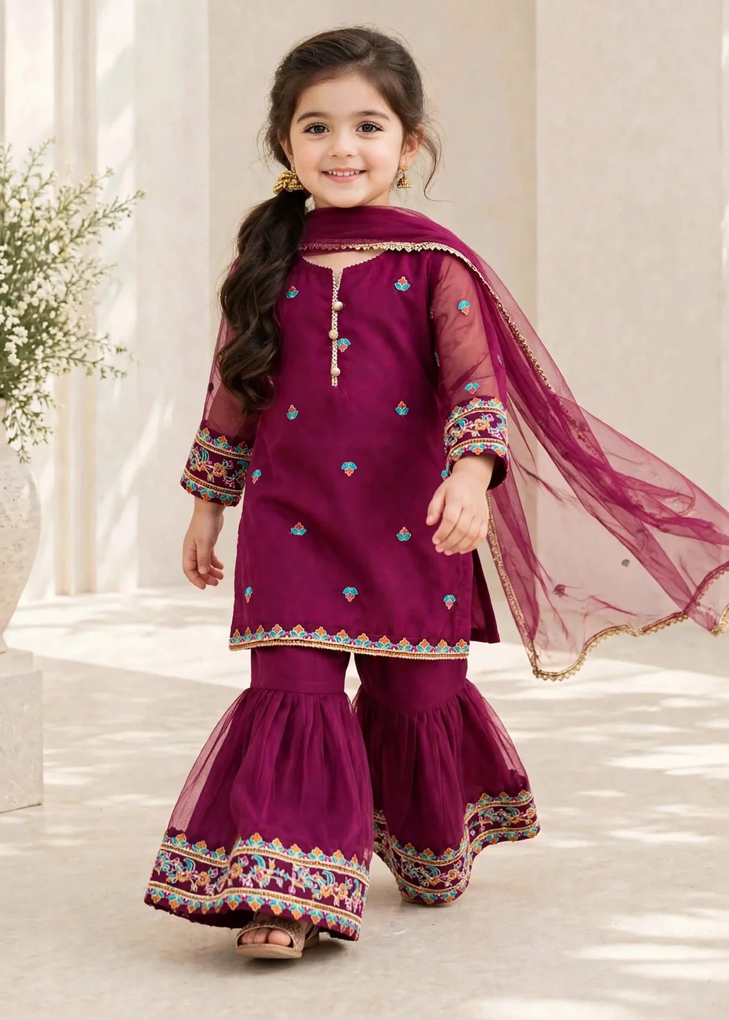 3 Piece Purple Organza Embroidered Gharara