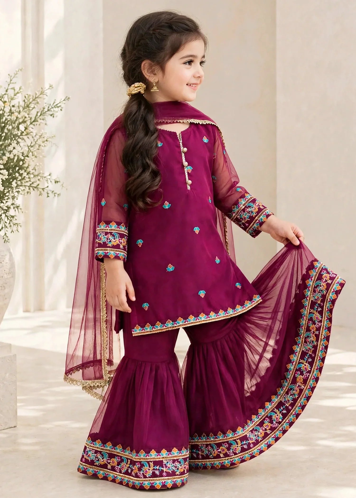 3 Piece Purple Organza Embroidered Gharara