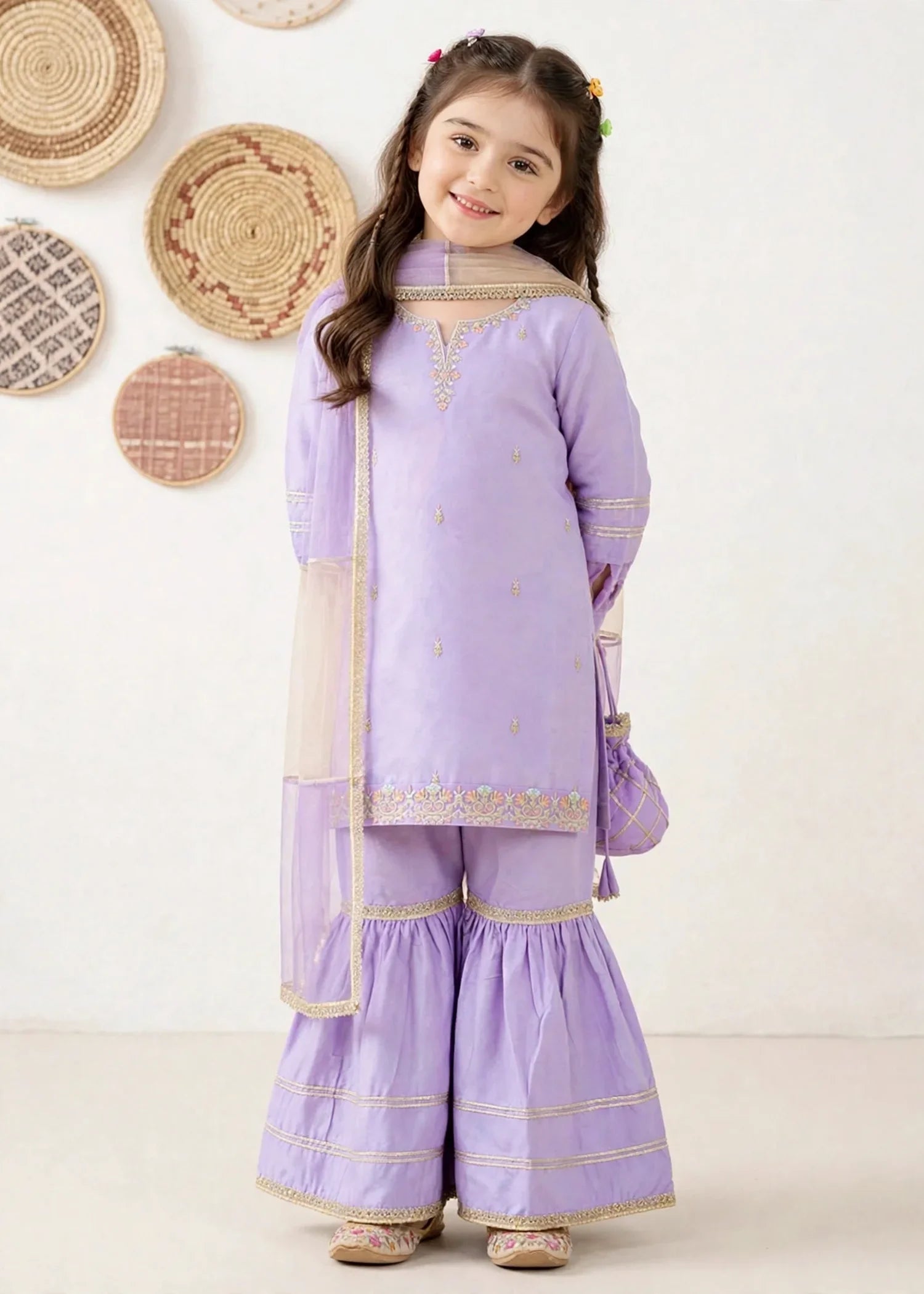 3 Piece Purple Chiffon Embroidered Gharara