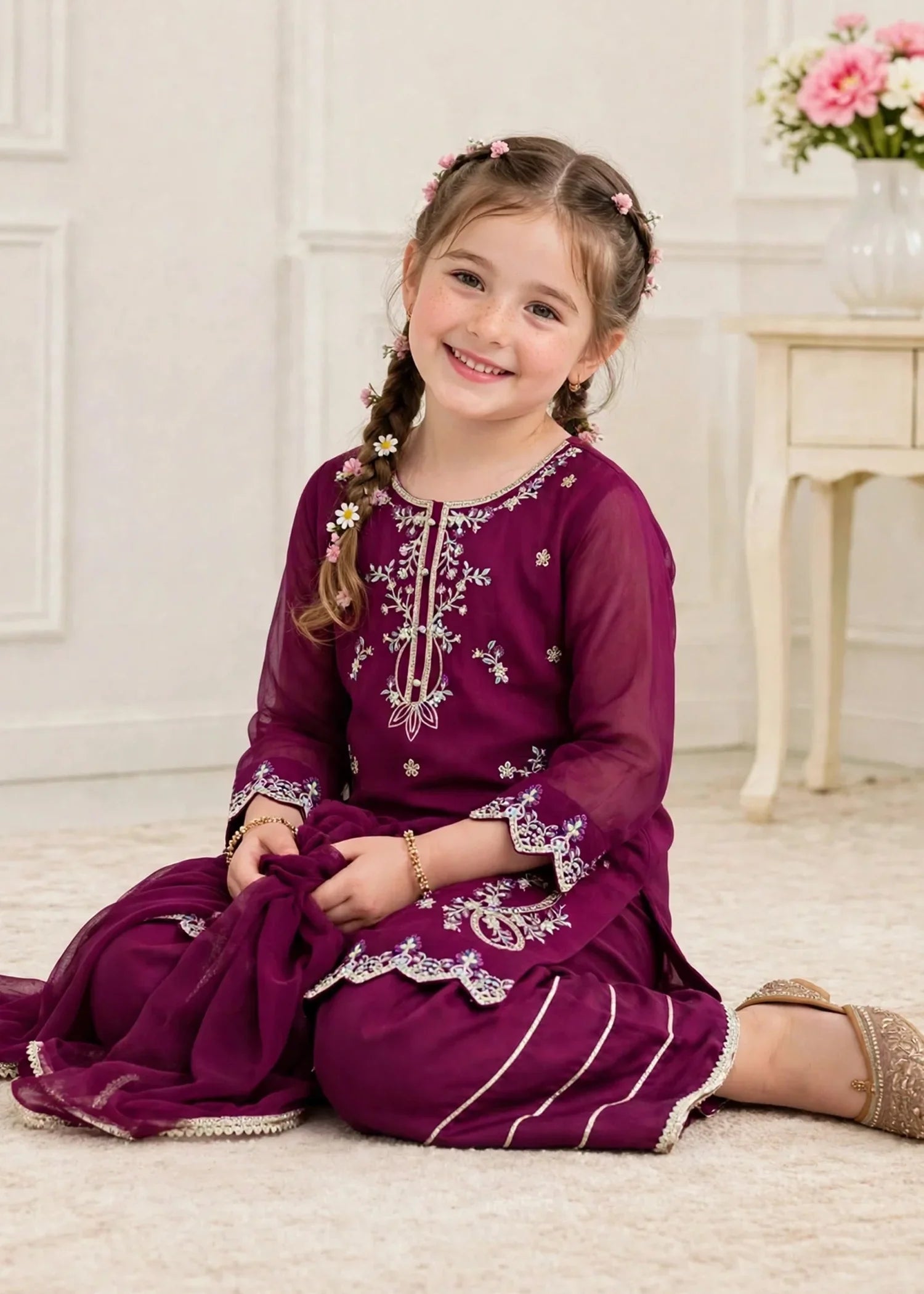 3 Piece Purple Chiffon Embroidered Outfit