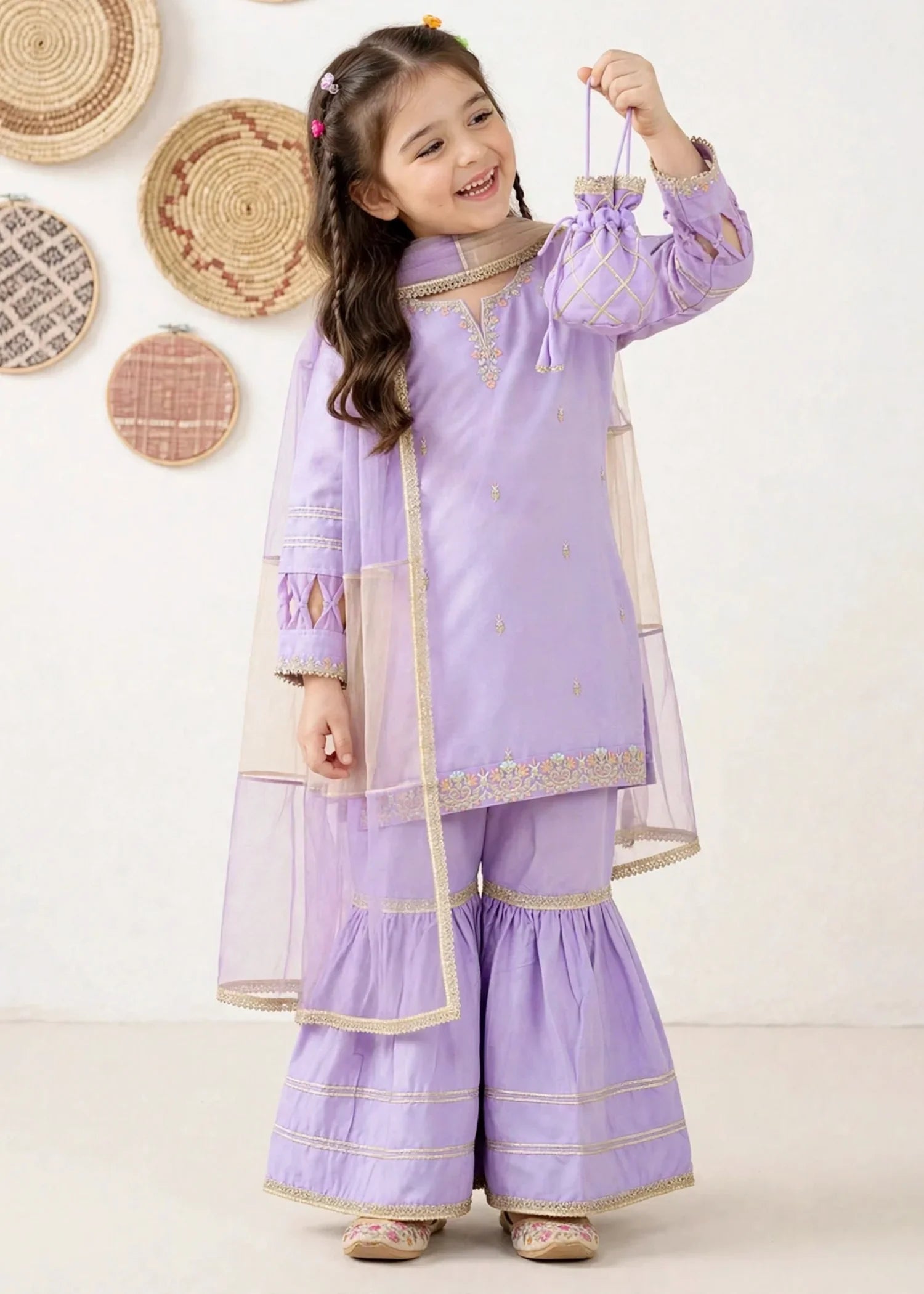 3 Piece Purple Chiffon Embroidered Gharara